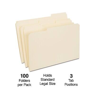 Staples 30% Recycled Reinforced File Folders, 1/3 Cut Tab, Legal Size ...