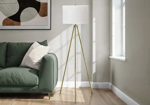 Front. APRILSOUL - Lighting 63inh Floor Lamp Brass Metal Ivory / Cream Shade Contemporary - Ivory.