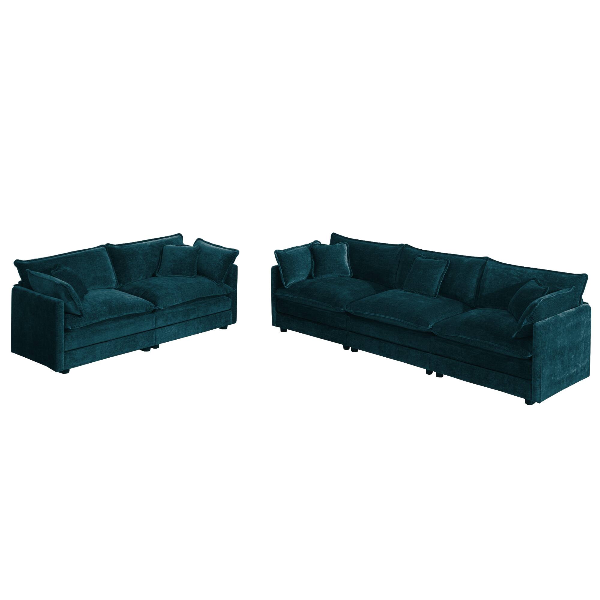 Back. LOVMOR - Deep Seat Easy Assembly Set Of 2 Chenille Sofa Set For Living Room Bedroom Office Plush Cozy Lounge Indoor Den - Blue.