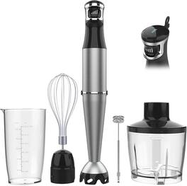 Core Tech - 1100W 5-in-1 Immersion Hand Blender Set with Variable Speed Trigger, Chopper, Whisk and Milk Frother - Gray