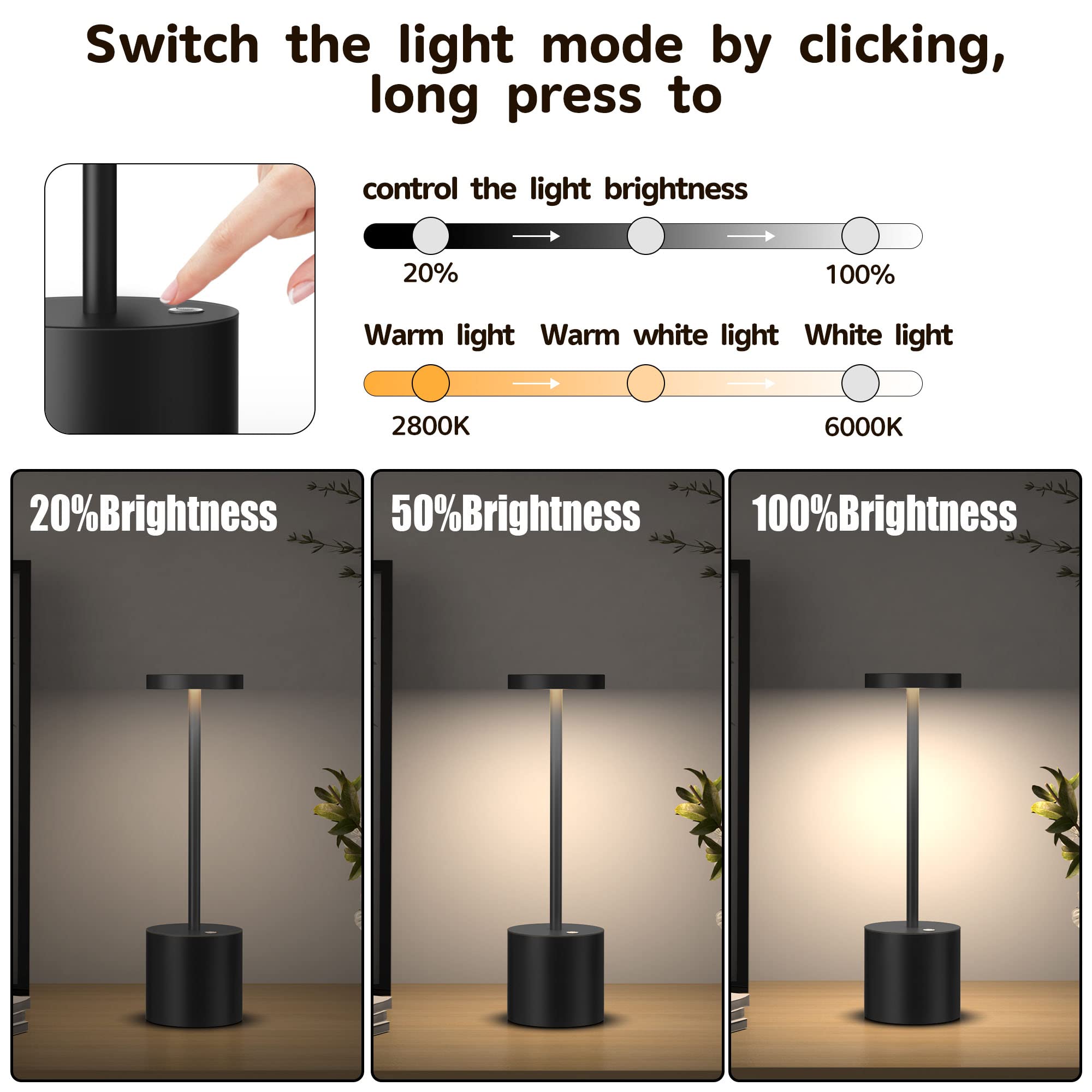 Switch the light mode by clicking, long press to control the light brightness

20% Brightness

50% Brightness

100% Brightness

Warm light 2800K

Warm white light

White light 6000K