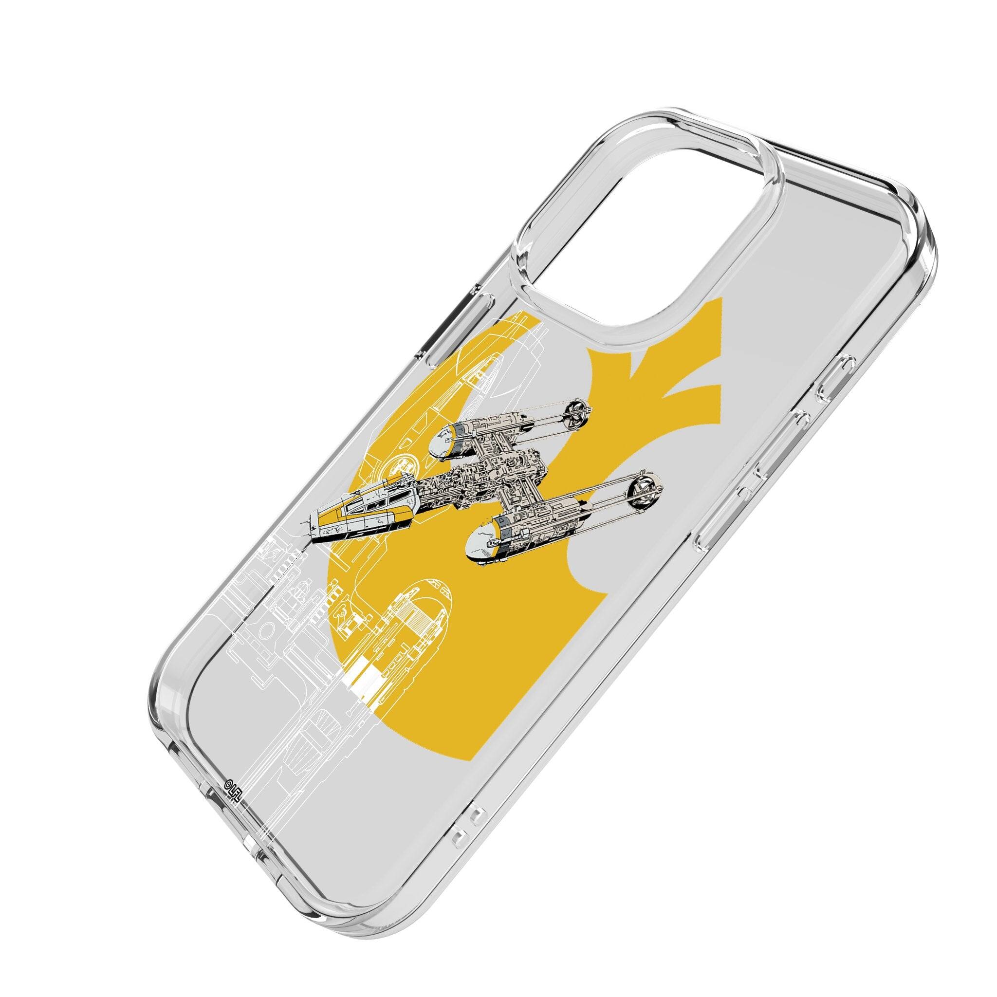Angle. Keyscaper - Star Wars: A New Hope FactionTech Clear Phone Case - Apple iPhone 15 - Y-Wing.