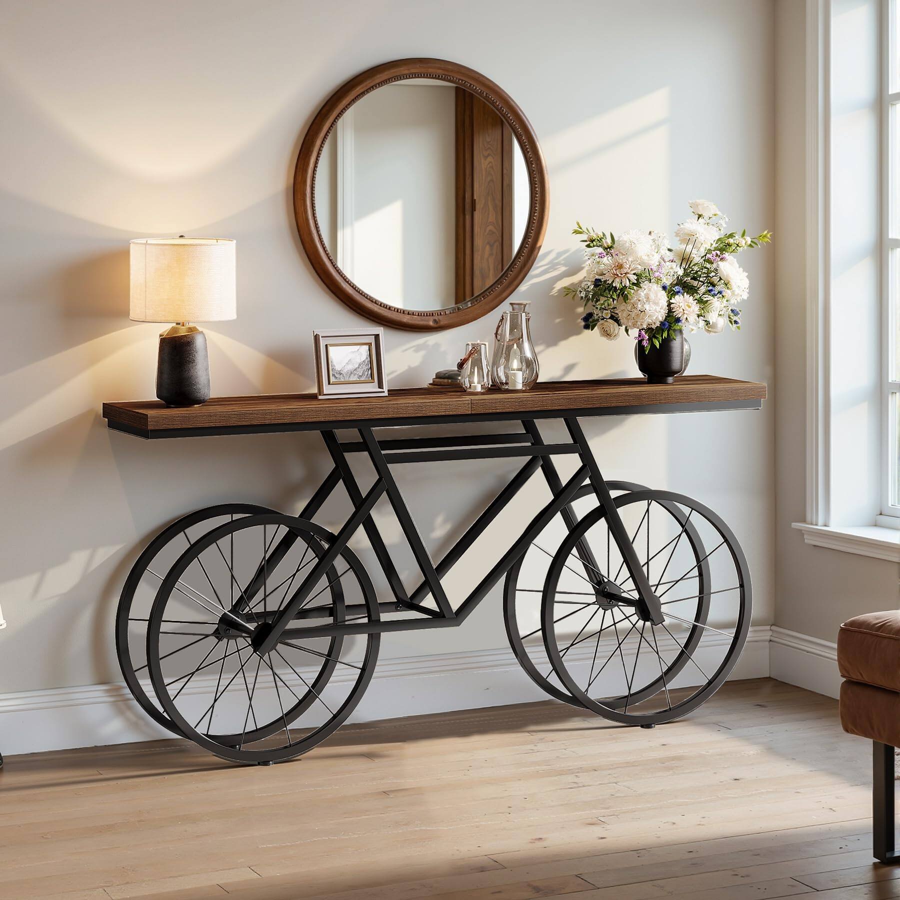 Alt View 4. Tribesigns - Extra Long Console Table, 70.9-Inch Narrow Sofa Table Behind Couch with Bicycle Metal Base, Industrial Entryway Table fo - Brown.