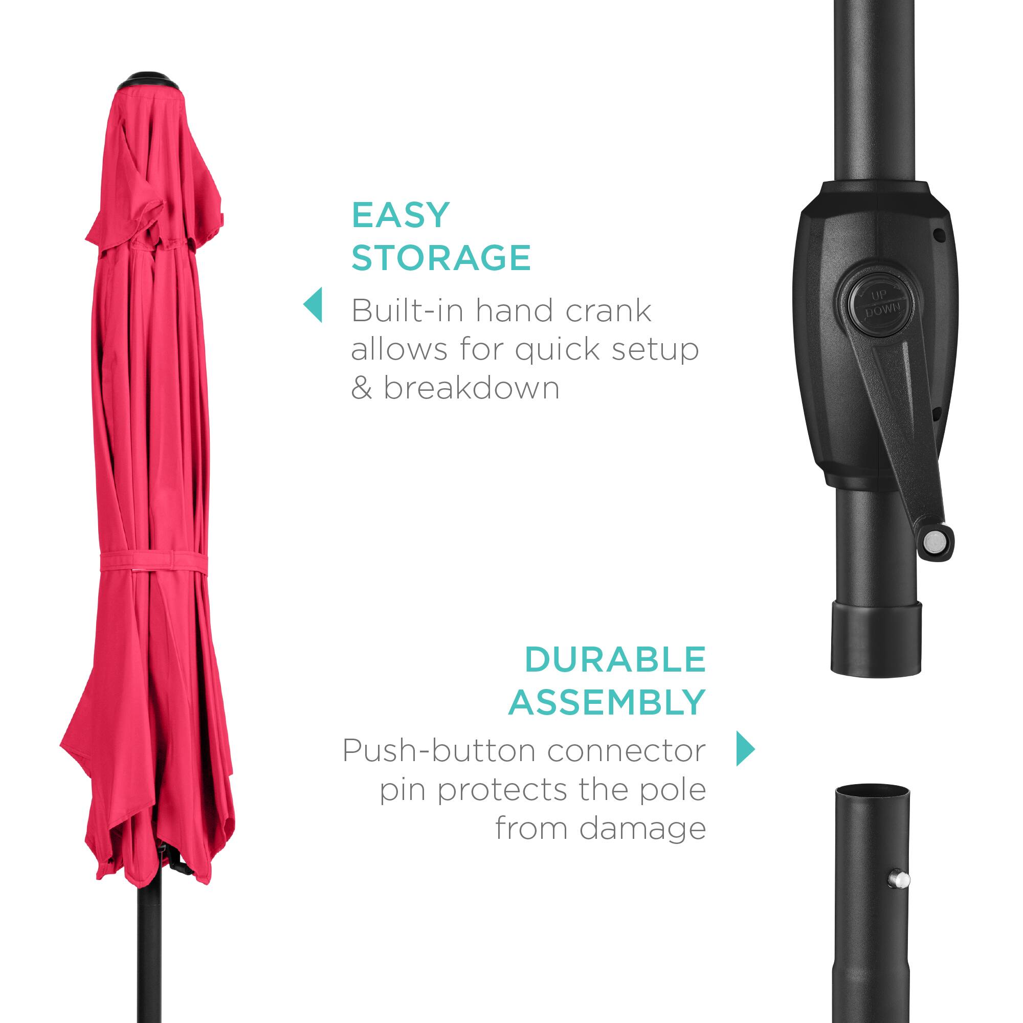 EASY STORAGE: Built-in hand crank allows for quick setup & breakdown.

DURABLE ASSEMBLY: Push-button connector pin protects the pole from damage.