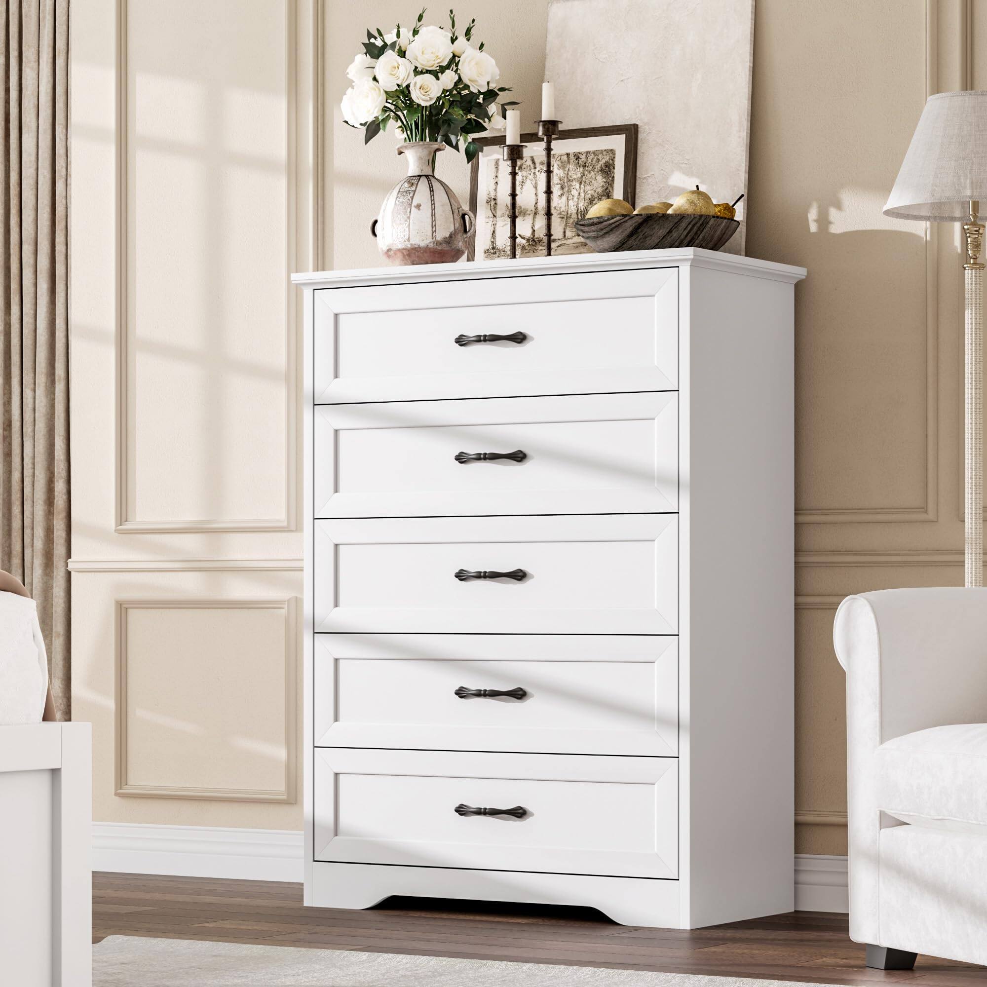 Jojoka - 5 Drawers Dresser for Bedroom,Chest of Drawers with Wide Metal Handle,Farmhouse Modern Wooden Tall Dresser - White