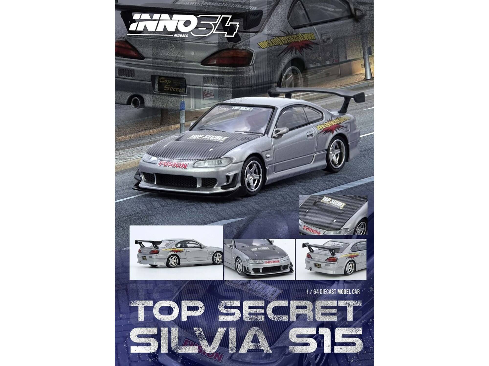mclopsacrattnn.com  
ogsacre!  
10.com  
INNO S4 MODELS  
WWW.lopsecretinn.com  
Cop Secret  
JSCHE  
www.npsecTo  
FUSION TOP SECRET  
ROSTON  
Cama AF 1  
64 DIECAST MODEL CAR  
TOP SECRET  
SII  
SILVIA  
SION  
S15