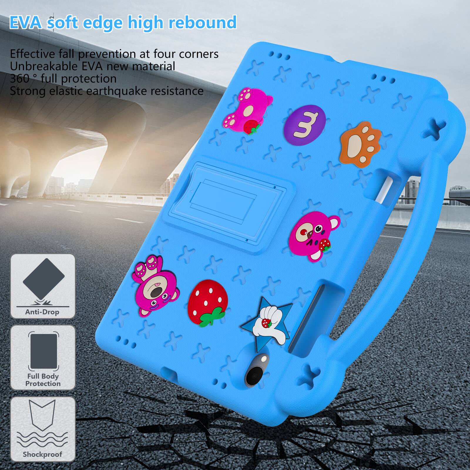 EVA soft edge high rebound  
Effective fall prevention at four corners  
Unbreakable EVA new material  
360° full protection  
Strong elastic earthquake resistance  
3 Anti-Drop Full Body Protection Shockproof