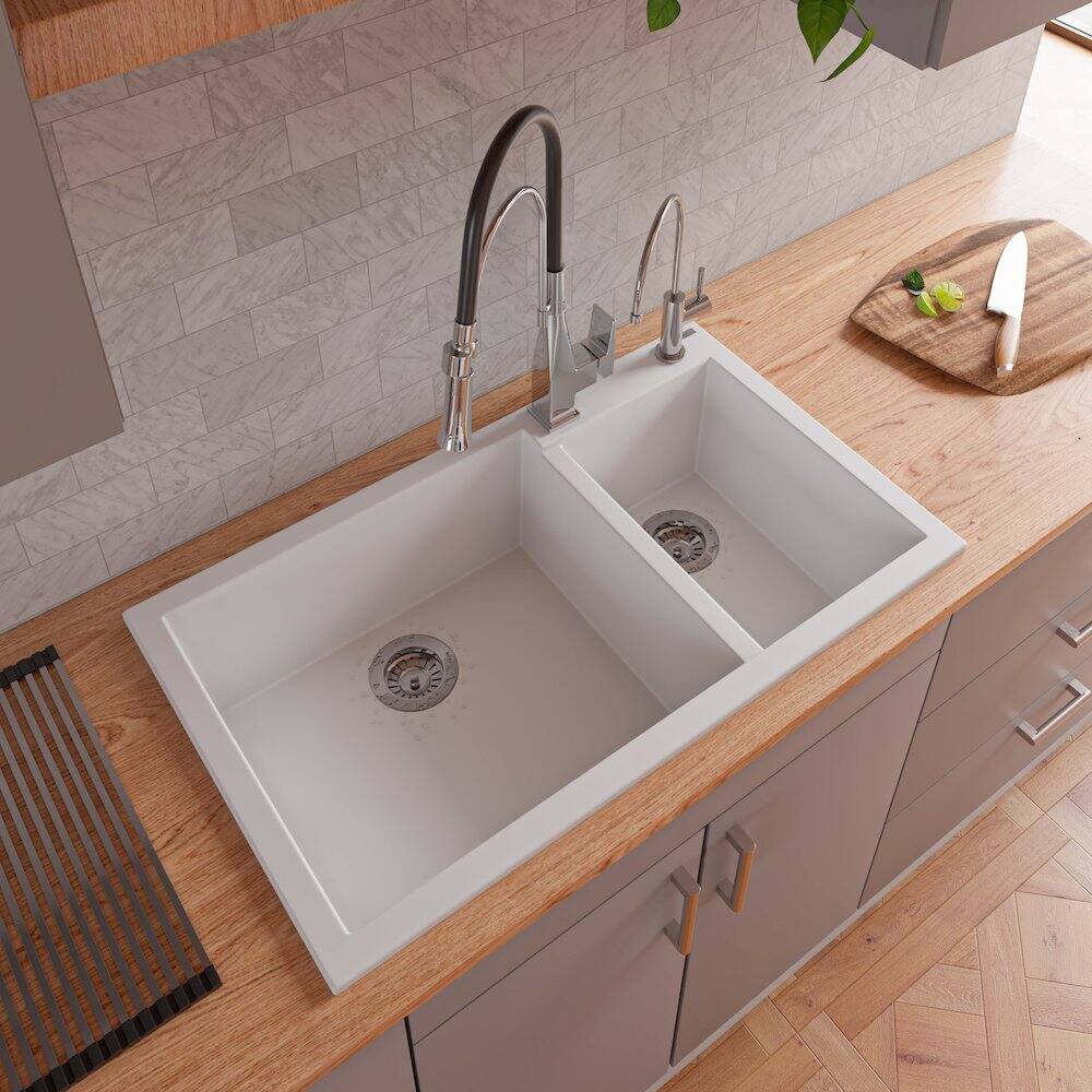 Alt View 1. Alfi - White 34" Double Bowl Drop In Granite Composite Kitchen Sink - White.
