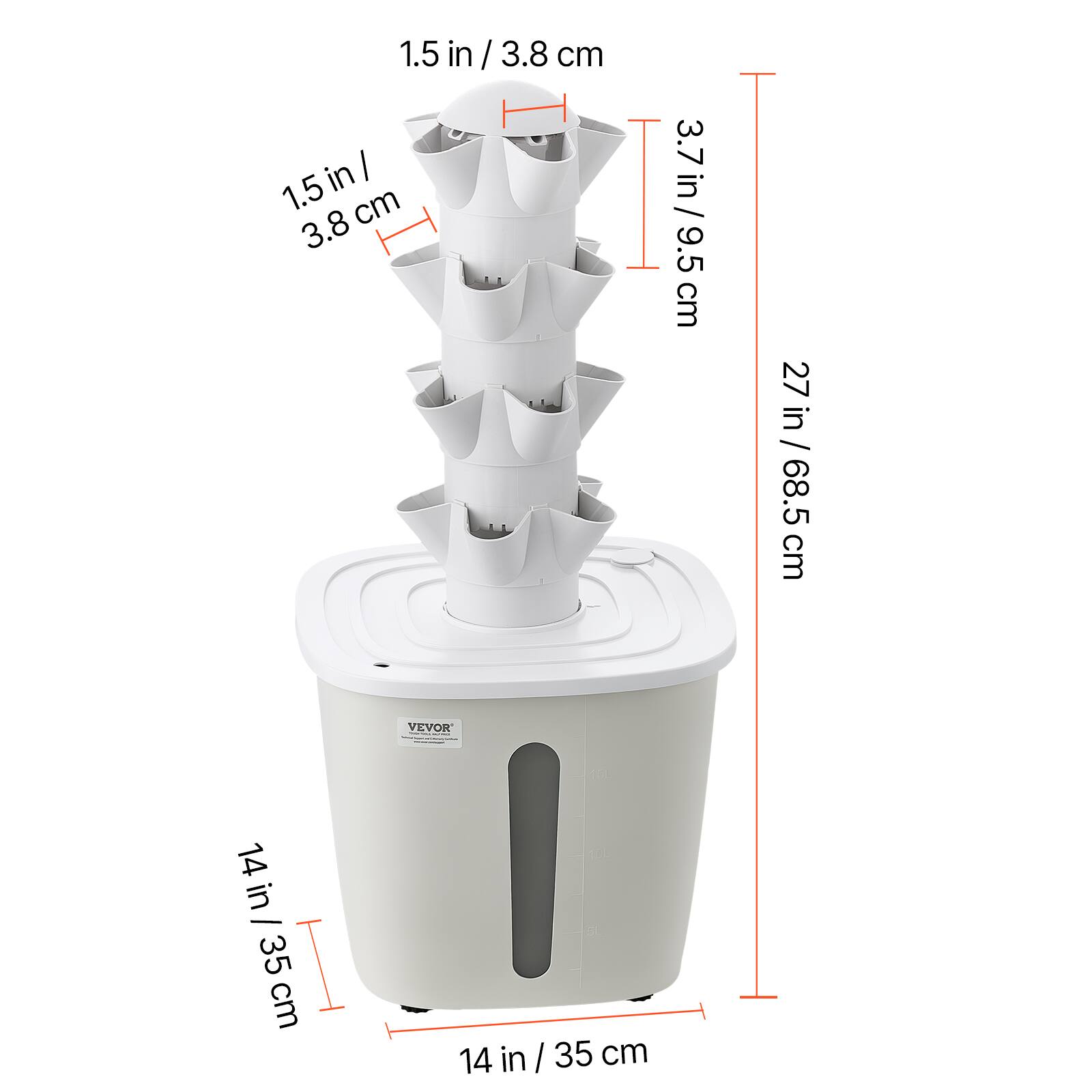 1.5 in / 3.8 cm  
1.5 in / 3.8 cm  
3.7 in / 9.5 cm  
27 in / 68.5 cm  
14 in / 35 cm  
14 in / 35 cm