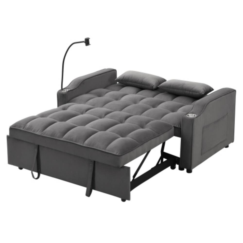 Angle. LUCKY ONE - Sofa Bed w/ Trundle & Adjustable Backrest USB Ports Phone Holder 2 Pillows - Dark Gray.