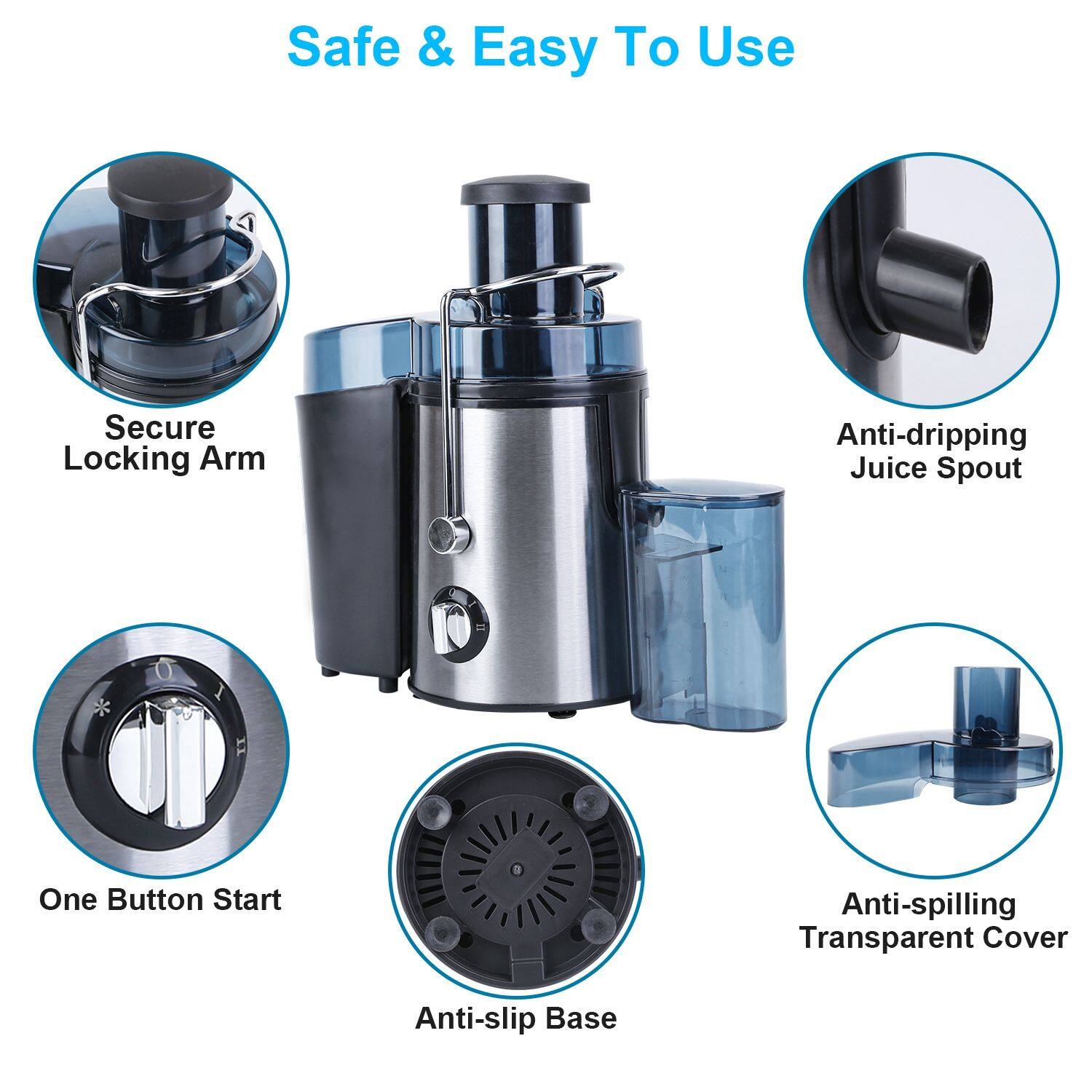 Safe & Easy To Use

- Secure Locking Arm
- Anti-dripping Juice Spout
- One Button Start
- Anti-spilling Transparent Cover
- Anti-slip Base