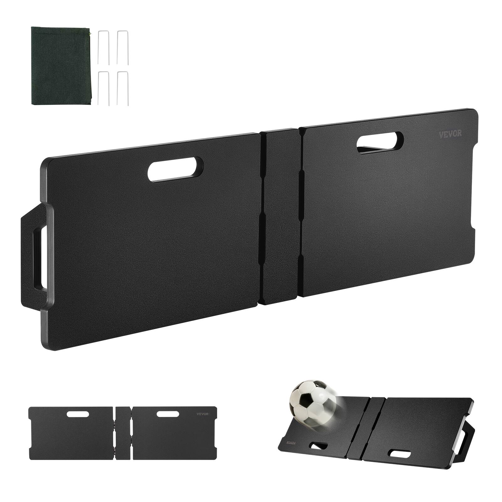 Front. VEVOR - Soccer Rebounder Board, 45"X13" Portable Soccer Wall with 2 Angles Rebound, Foldable HDPE Kickback Rebound Board - Black.