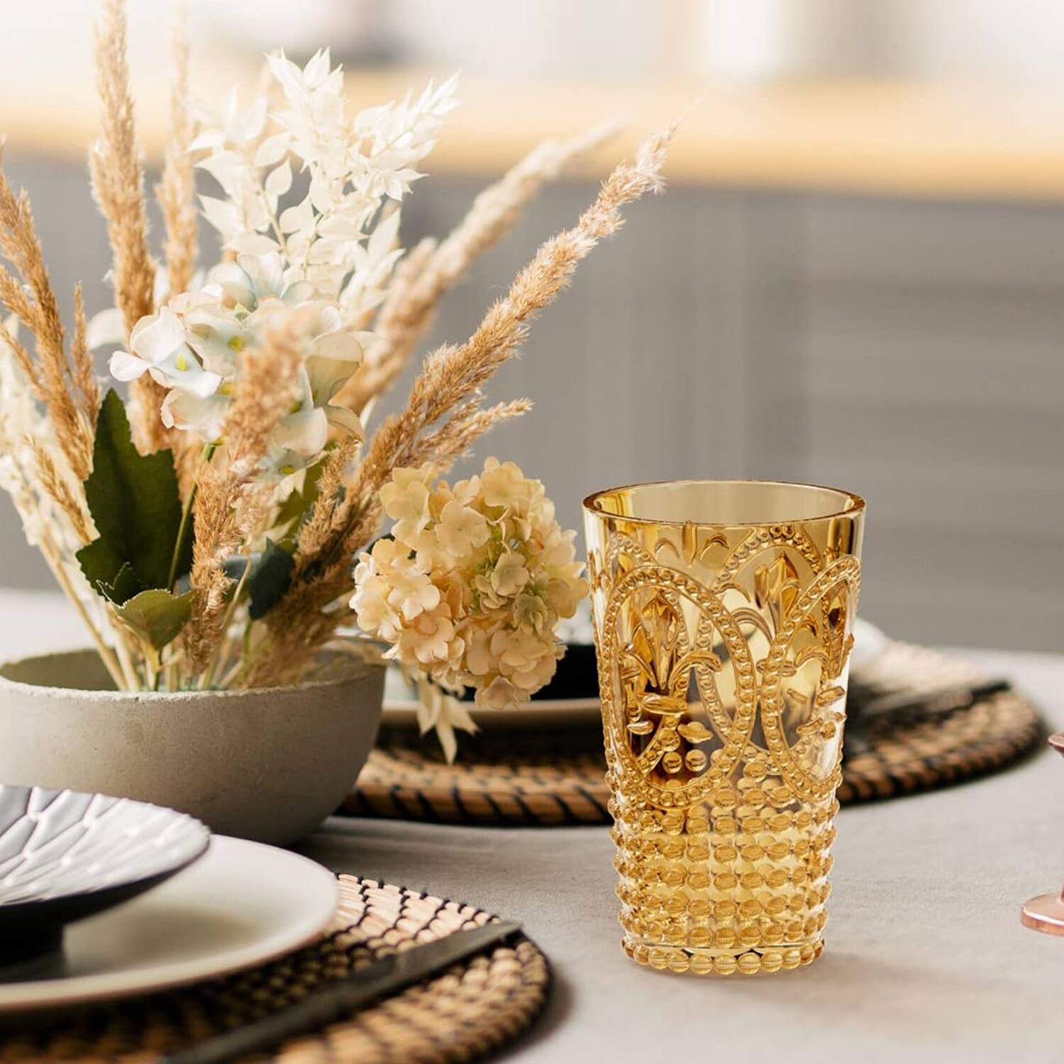 Left. Jay Import - Amber Fleur De Lis Drink Tumblers (Set of 4) - 25.3 oz - Amber.