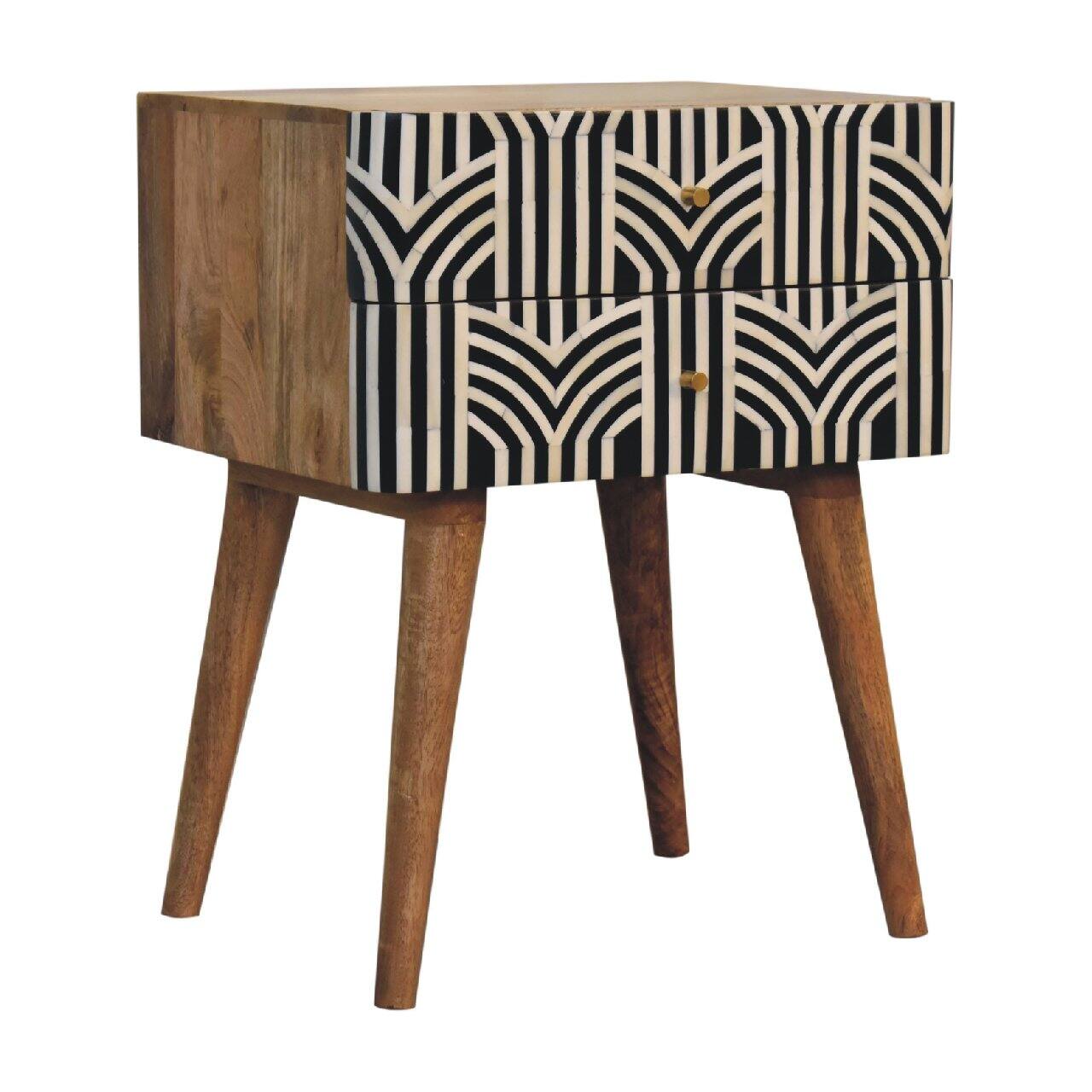 Left. Artisan Furniture - Artisan Furniture Solid Wood Edessa Bone Inlay Nightstand, 2 Drawers, Nordic legs, Black and White - Oak.