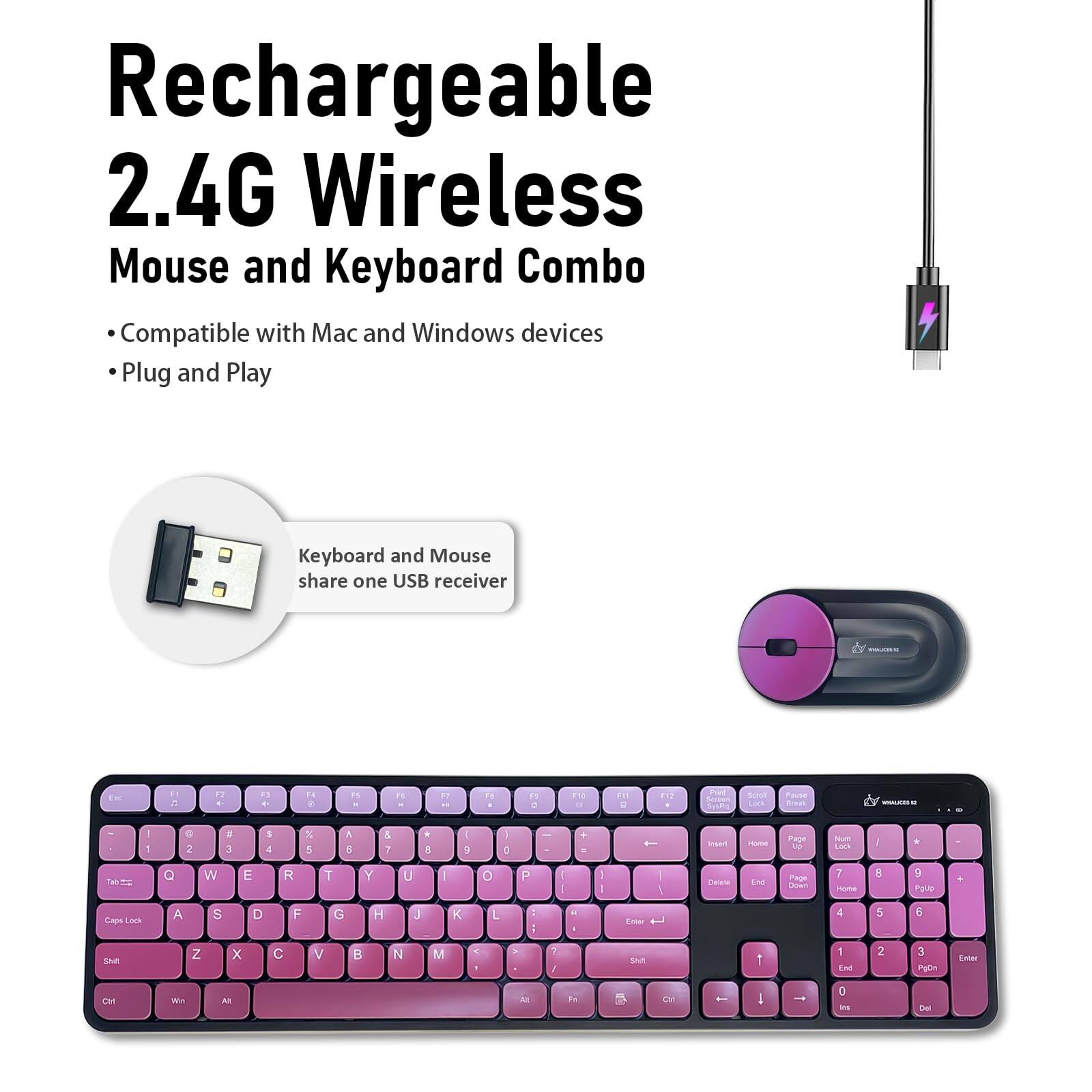 Rechargeable 2.4G Wireless Mouse and Keyboard Combo

- Compatible with Mac and Windows devices
- Plug and Play
- Keyboard and Mouse share one USB receiver

Key layout:
- Top row: Esc, F1-F12, Print Screen, Scroll Lock, Pause
- Number row: 1-0, -, =, Backspace
- QWERTY row: Q, W, E, R, T, Y, U, I, O, P, [, ], \
- A row: A, S, D, F, G, H, J, K, L, ;, ', Enter
- Z row: Z, X, C, V, B, N, M, ,, ., /
- Function keys: Tab, Caps Lock, Shift, Ctrl, Win, Alt, Spacebar, Alt, Ctrl

Mouse layout:
- Left, Right, Scroll wheel
- Additional buttons: Forward, Back, DPI switch
