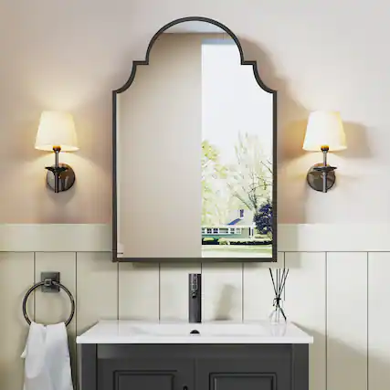 Front. PexFix - 19.7" x 29.9" Arch Bathroom Mirror Medicine Cabinet - Metal Frame, 2 Shelves, Recessed or Surface Mount - Black.