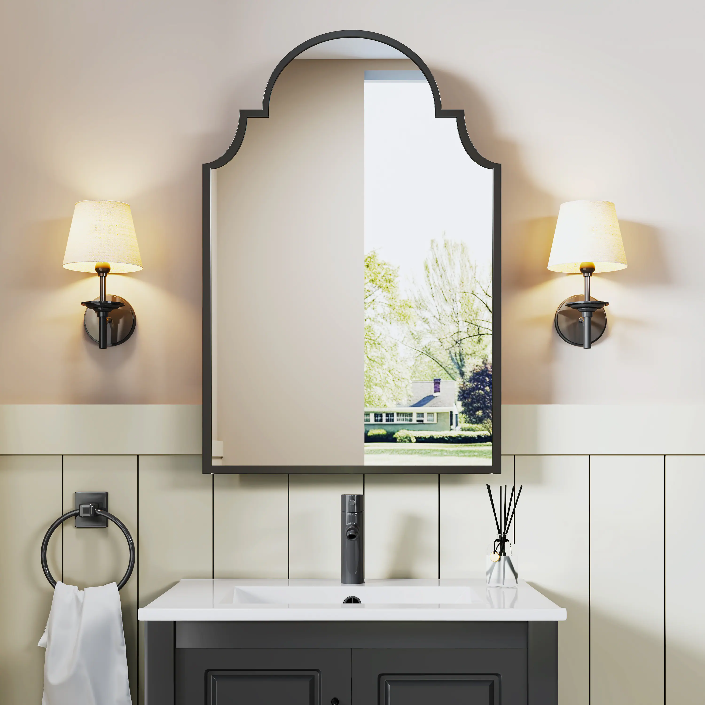 Front. PexFix - 19.7" x 29.9" Arch Bathroom Mirror Medicine Cabinet  - Metal Frame, 2 Shelves, Recessed or Surface Mount - Black.