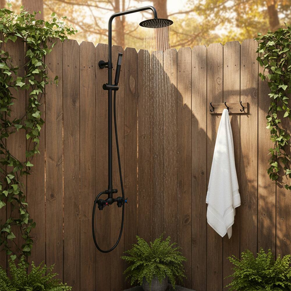 Alt View 2. Dazzed Corner - Outdoor Shower Kit, 2-Handle Faucet System with 8” Rainfall Shower Head & Handheld Sprayer - Matte Black.