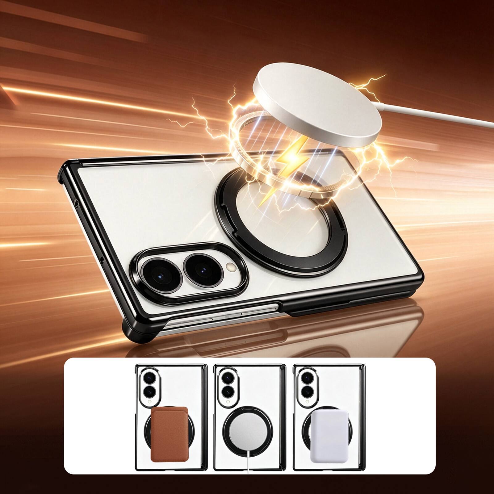 Angle. Dteck - Electroplated Frame Case for Samsung Galaxy Z Fold8 with Kickstand, Magnetic Clear Rigid Plastic Hinge Protection Cover - Gold.