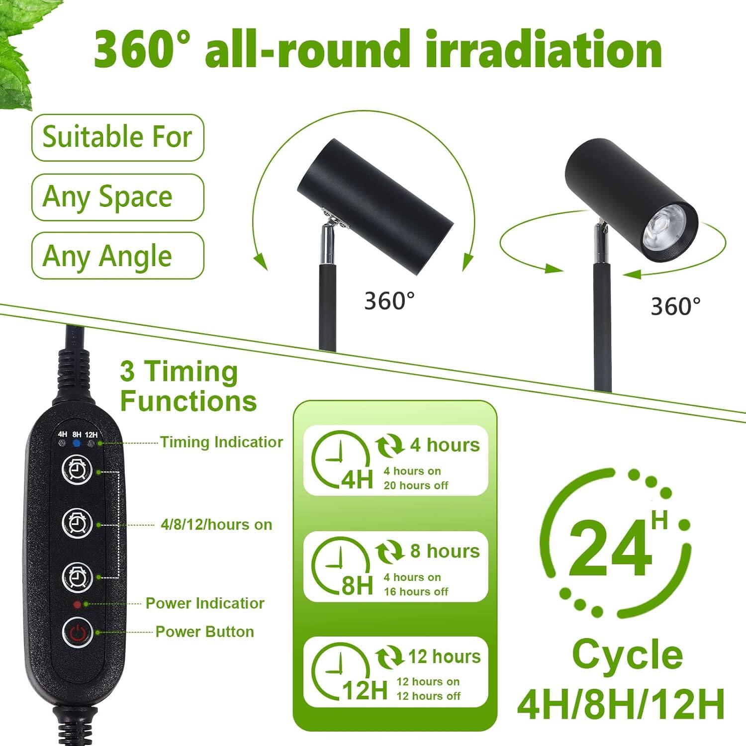 360° all-round irradiation

Suitable For  
Any Space  
Any Angle

3 Timing Functions  
- Timing Indicator  
- 4/8/12 hours on  
- Power Indicator  
- Power Button

4 hours  
4 hours on  
20 hours off

8 hours  
4 hours on  
16 hours off

12 hours  
12 hours on  
12 hours off

24H Cycle  
4H/8H/12H