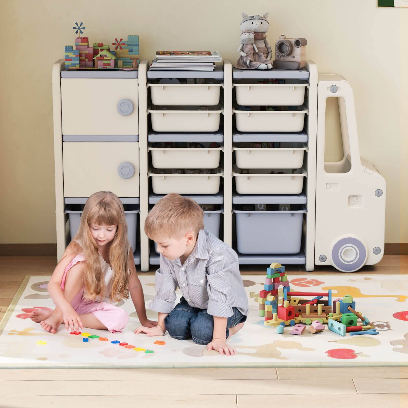 Alt View 3. Costway - Costway Kids Toy Storage Organizer with 2 Cabinets & 11 Removable Bins for Playroom,Bedroom - Off white,Grey.