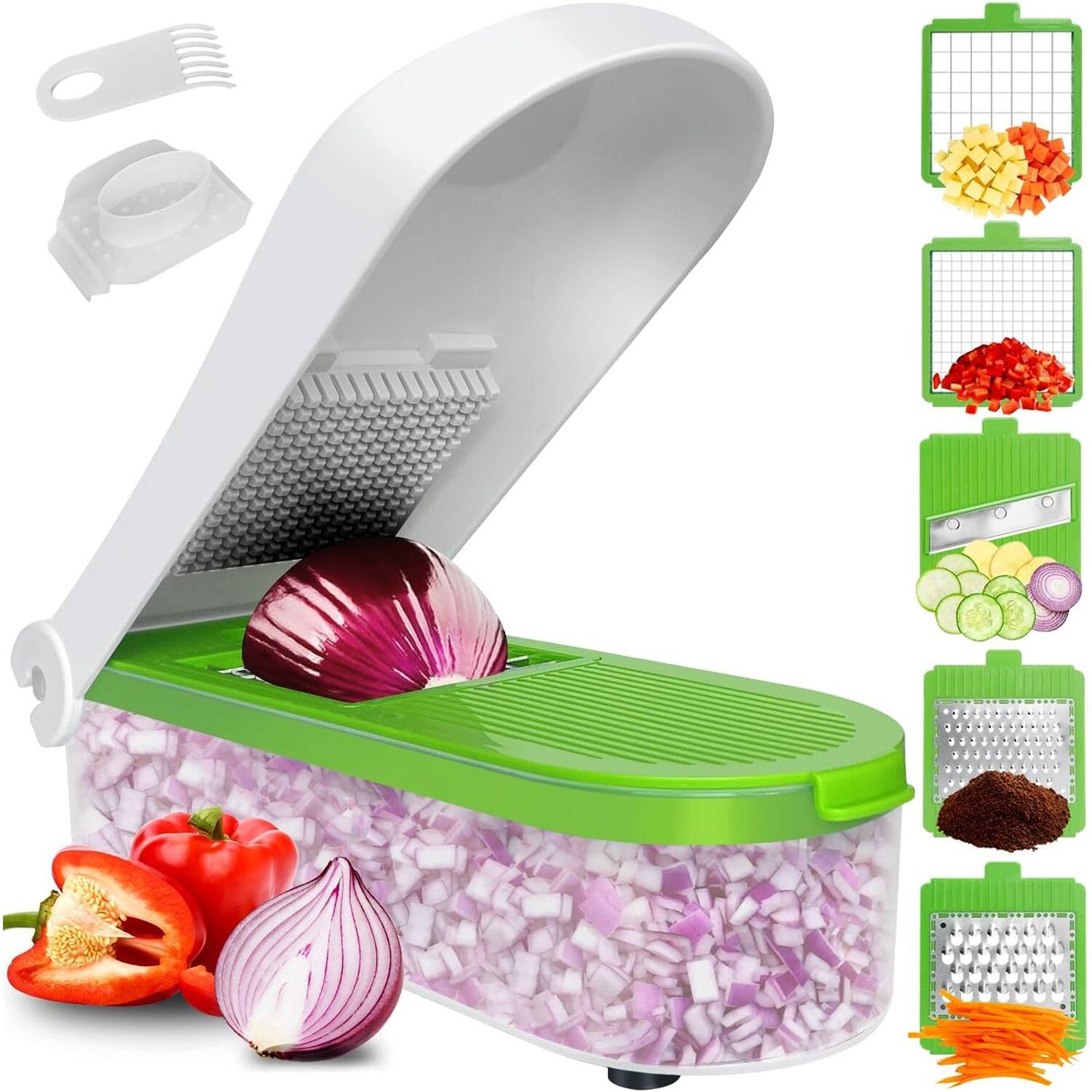 PARKER SLATER - 7-in-1 Vegetable Chopper, Slicer, Dicer, Cutter for Onions, Potatoes, Salad, with Container Included - Green