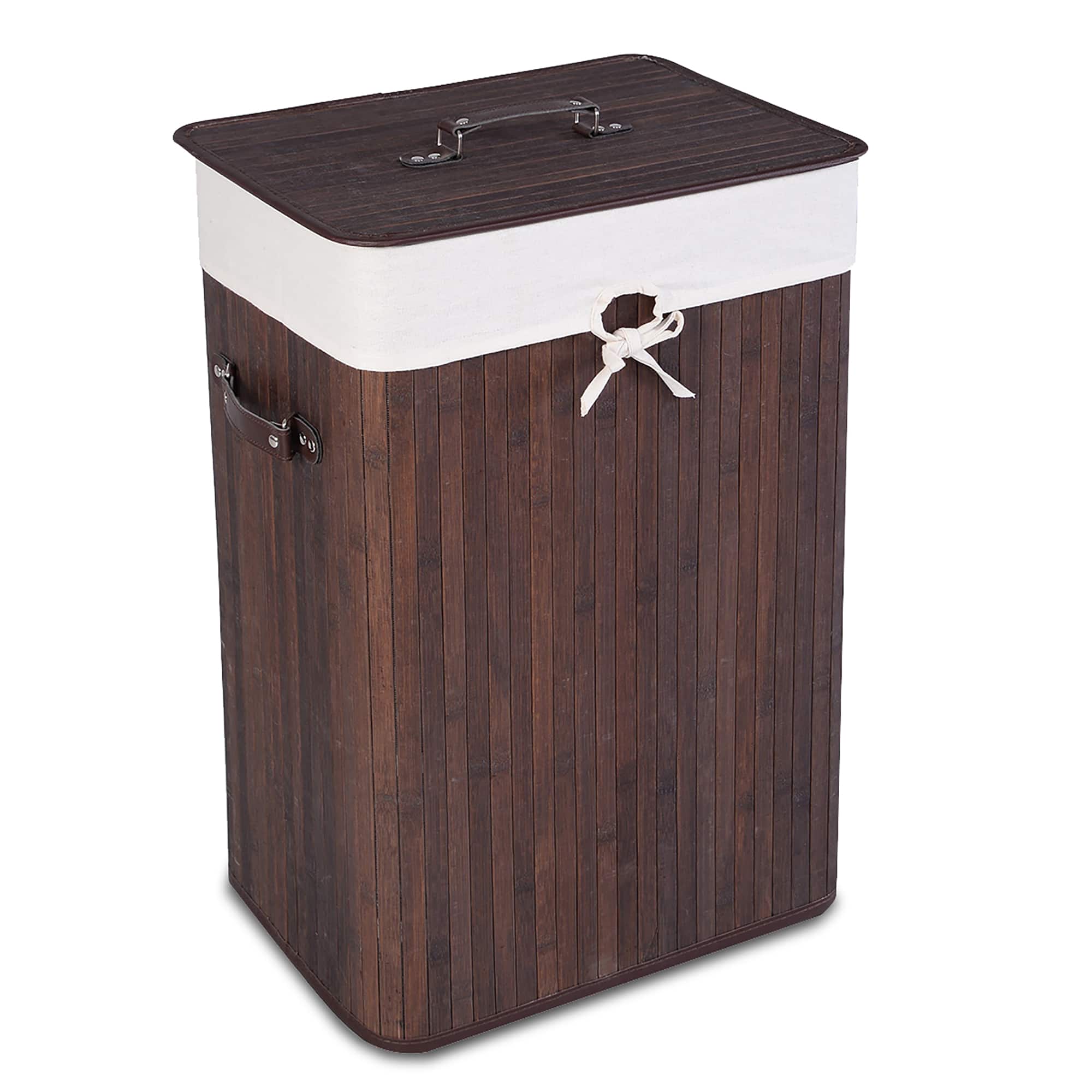 Front. Costway - Rectangle Bamboo Hamper Laundry Basket Washing Cloth Bin Lid Brown - Deep Brown/White.