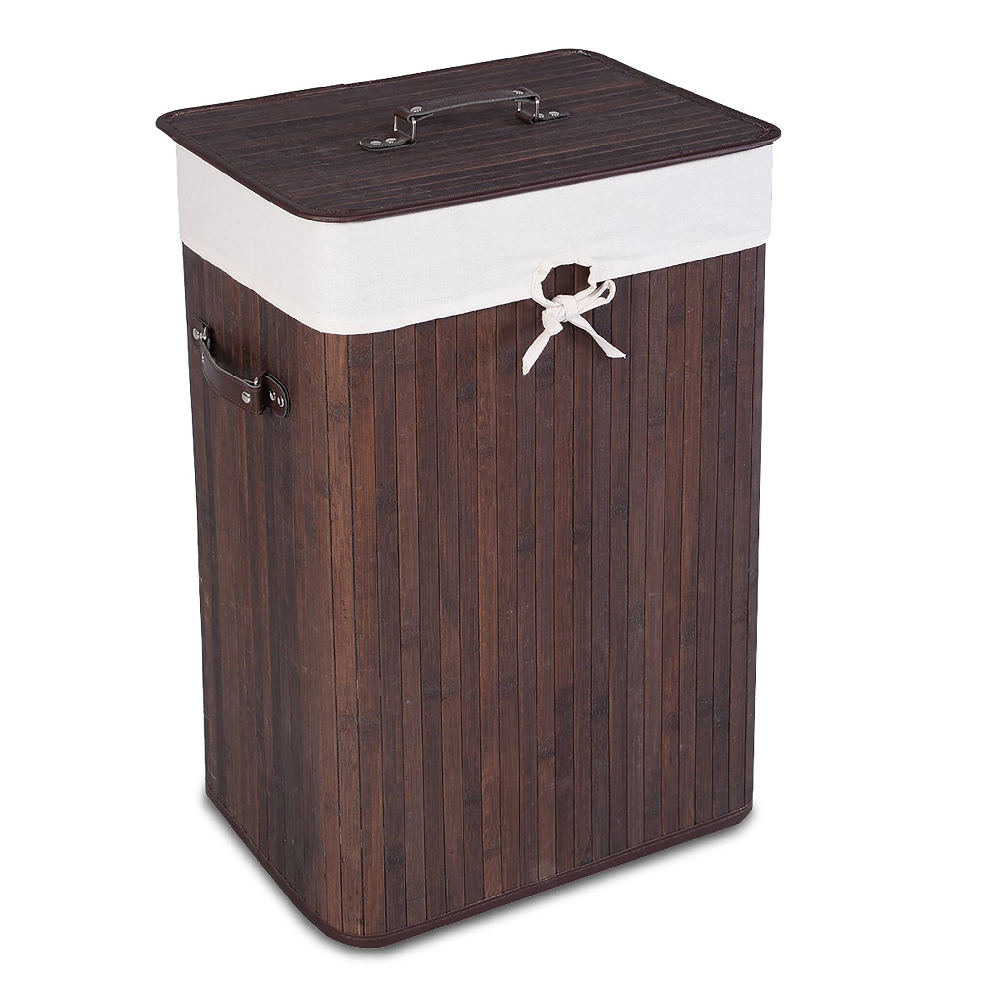 Costway - Rectangle Bamboo Hamper Laundry Basket Washing Cloth Bin Lid Brown - Deep Brown/White