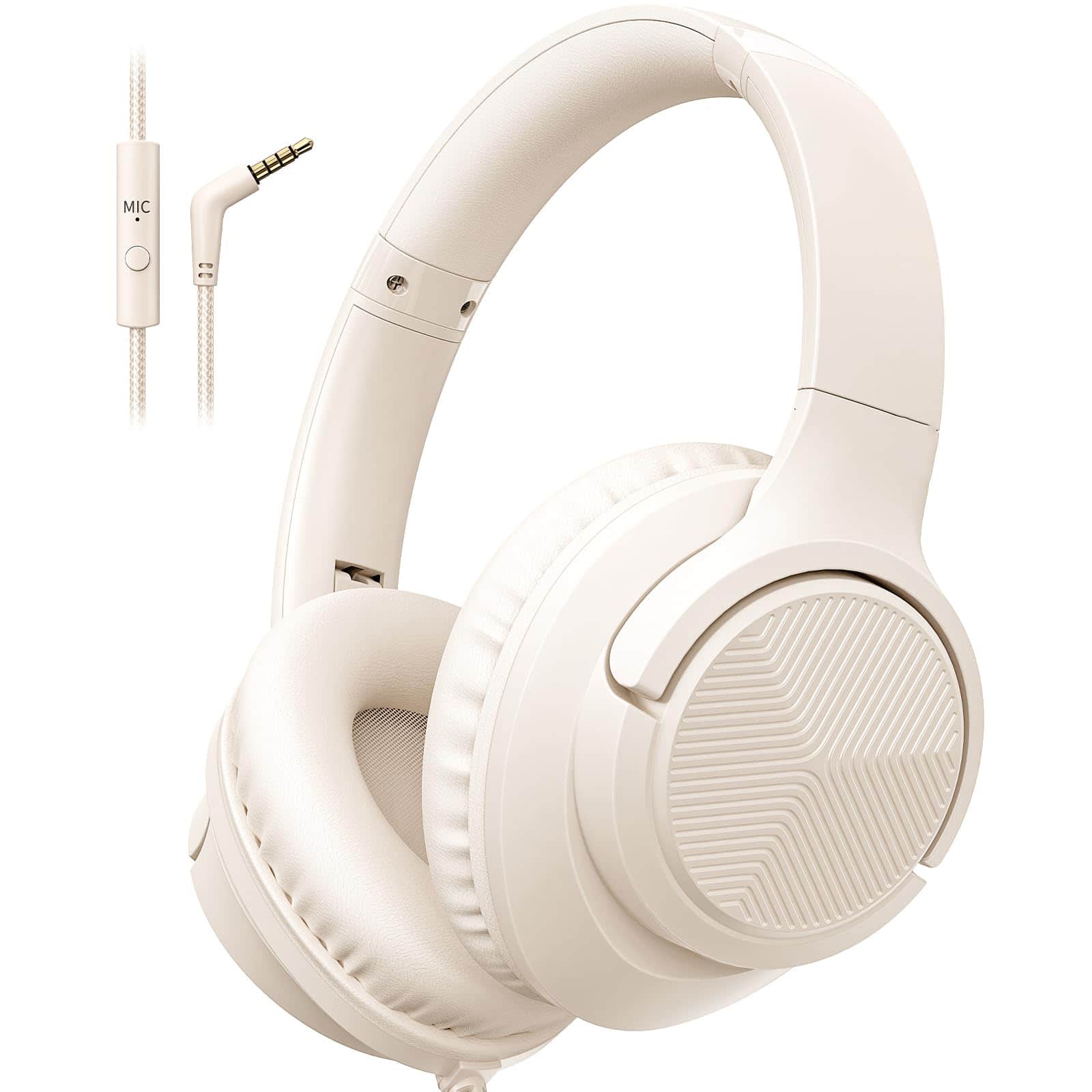GlowWise - Wired Over-Ear Headphones with Mic, Foldable & 4.9ft Tangle-Free Cord, 3.5mm Plug for Laptop, Tablet, MP3/4 - Beige White