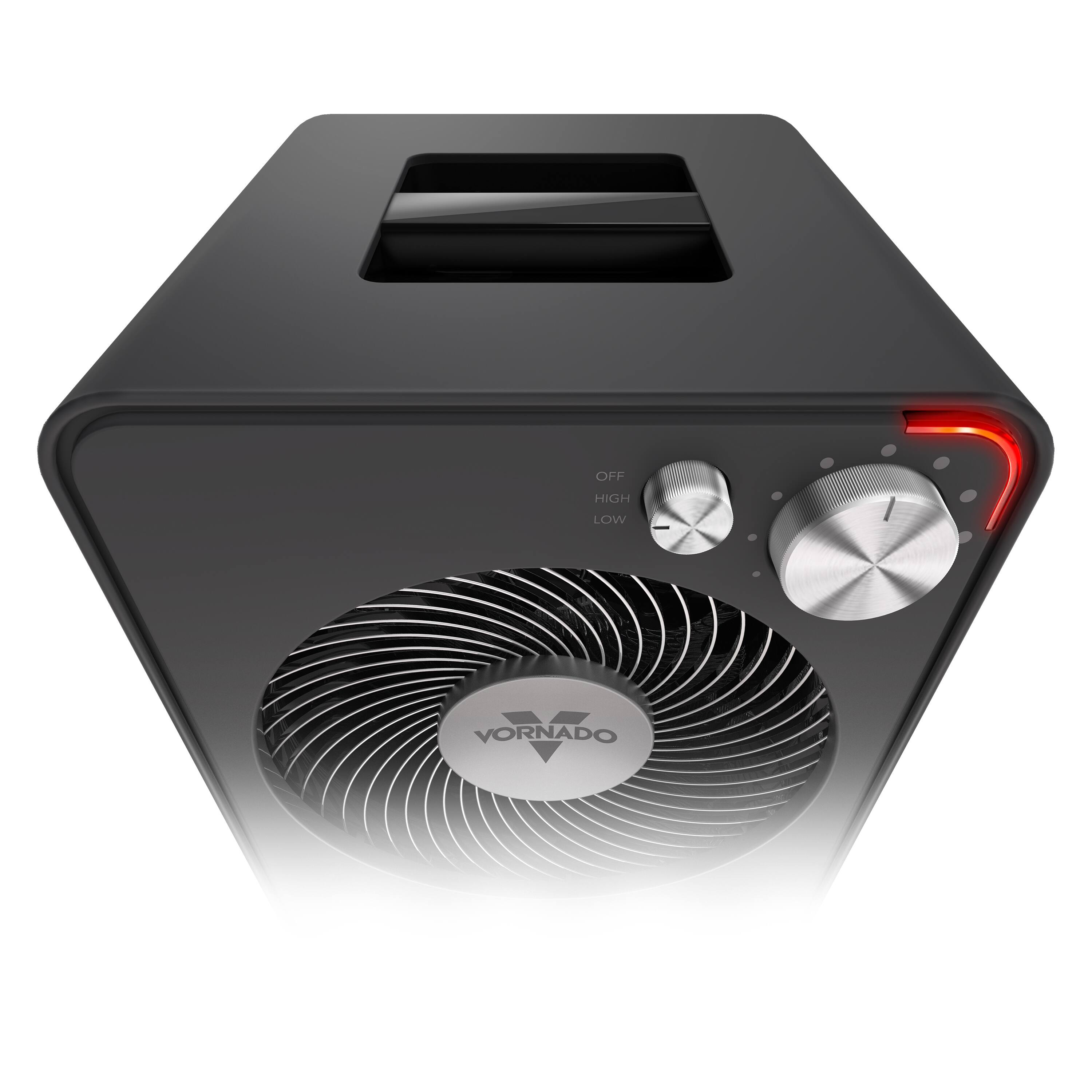The image features a black box with a fan on the front. The fan has a Vornado logo, and there are three buttons on the front of the box. The box is likely designed for air circulation or cooling purposes.