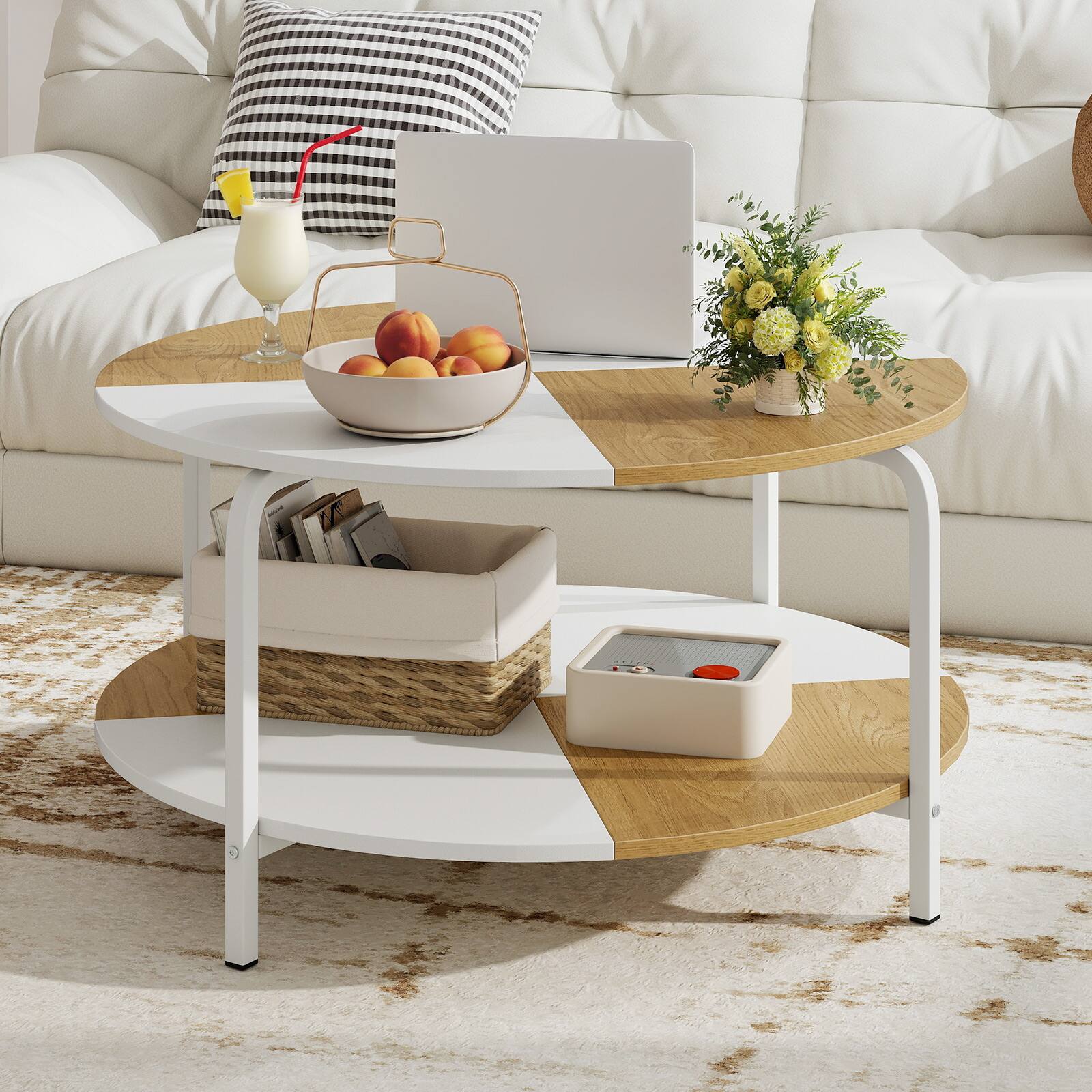 Alt View 4. Gymax - Gymax 2-Tier Round Coffee Table w/Storage Shelf Metal Frame for Living Room Apartment White & Brown - White.