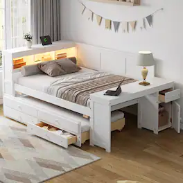 Whisen - Full Size Daybed with Trundle, Storage Shelves, Drawers, Desk, LED & Charging Station - White