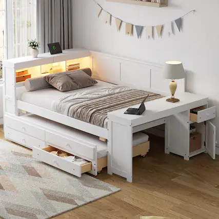 Front. Whisen - Full Size Daybed with Trundle, Storage Shelves, Drawers, Desk, LED & Charging Station - White.
