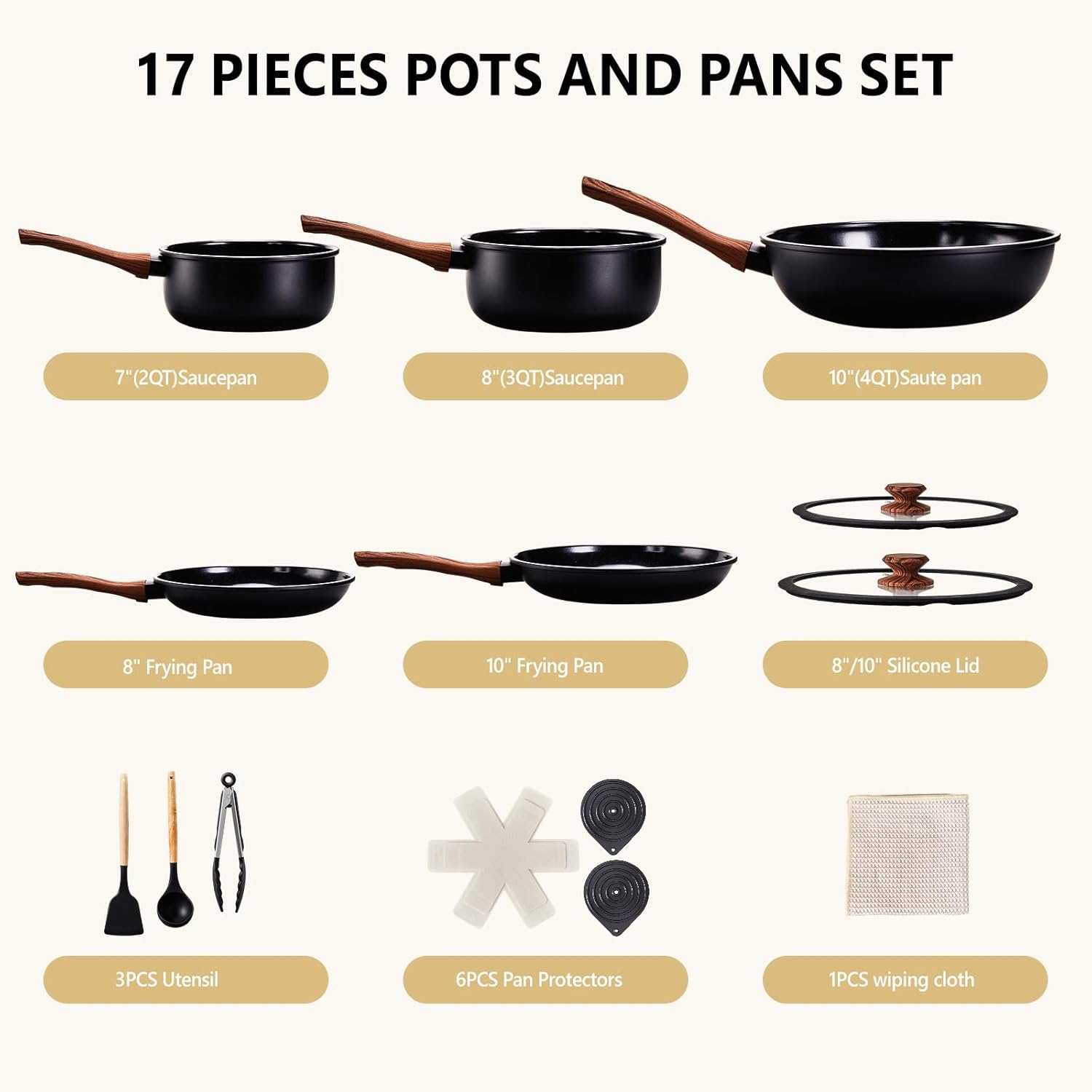 17 PIECES POTS AND PANS SET

- 7" (2QT) Saucepan
- 8" (3QT) Saucepan
- 10" (4QT) Saute pan
- 8" Frying Pan
- 10" Frying Pan
- 8"/10" Silicone Lid
- 3PCS Utensil
- 6PCS Pan Protectors
- 1PCS wiping cloth