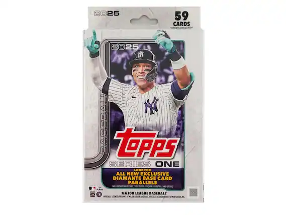 2025 59 CARDS PACKS WITH A SPECIAL INSERT 2025 BASEBALL TOPPS SERIES ONE LOOK FOR ALL NEW EXCLUSIVE DIAMANTE BASE CARD PARALLELS. NO PURCHASE NECESSARY. VISIT TOPPS.COM/KPM FOR DETAILS AND ENTRY. A MAJOR LEAGUE BASEBALL OFFICIALLY LICENSED PRODUCT OF MAJOR LEAGUE BASEBALL. OFFICIALLY LICENSED PRODUCT OF MLB PLAYERS, INC.