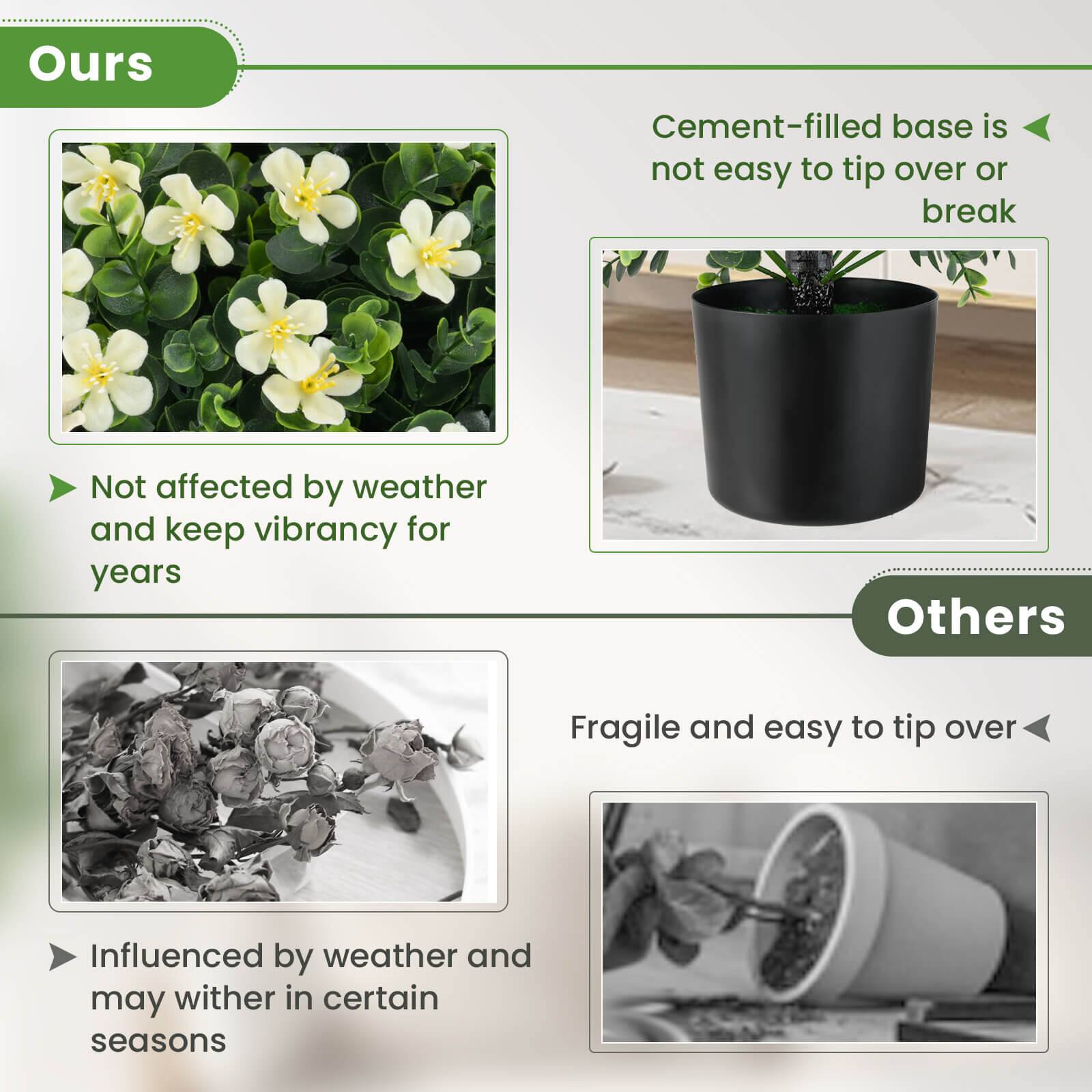 Ours:
- Cement-filled base is not easy to tip over or break.
- Not affected by weather and keep vibrancy for years.

Others:
- Fragile and easy to tip over.
- Influenced by weather and may wither in certain seasons.