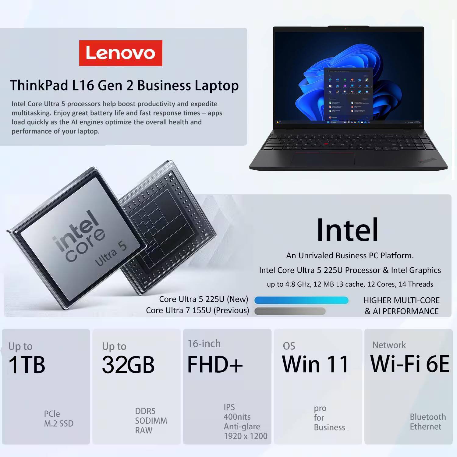 Lenovo ThinkPad L16 Gen 2 Business Laptop

Intel Core Ultra 5 processors help boost productivity and expedite multitasking. Enjoy great battery life and fast response times – apps load quickly as the AI engines optimize the overall health and performance of your laptop.

Intel
An Unrivaled Business PC Platform.
Intel Core Ultra 5 225U Processor & Intel Graphics up to 4.8 GHz, 12 MB L3 cache, 12 Cores, 14 Threads
Core Ultra 5 225U (New) HIGHER MULTI-CORE & AI PERFORMANCE
Core Ultra 7 155U (Previous)

Up to 1TB
Up to 32GB
16-inch FHD+ IPS 400nits Anti-glare 1920 x 1200
OS Win 11
Network Wi-Fi 6E
PCle M.2 SSD DDR5 SODIMM RAW
pro for Business
Bluetooth Ethernet