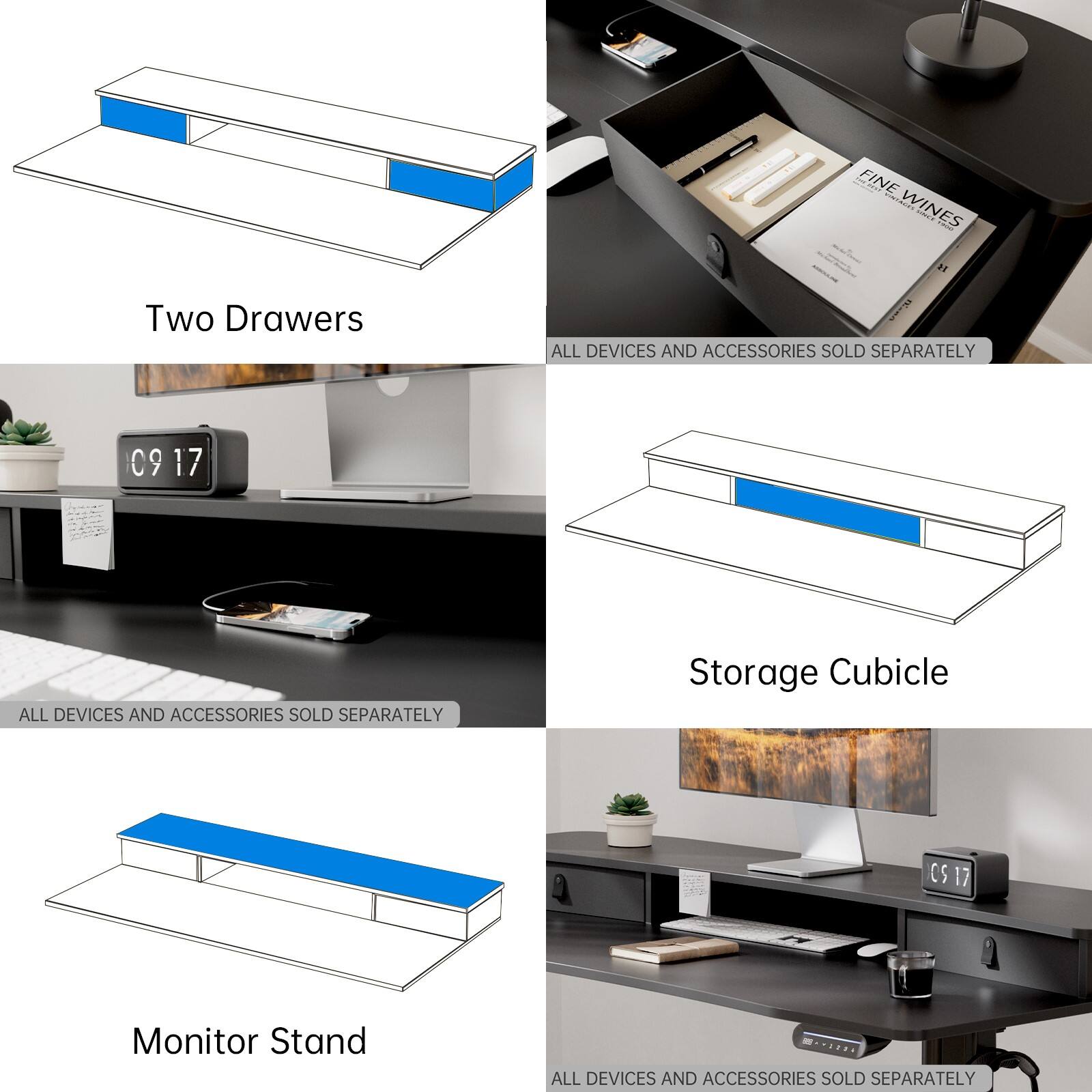 The text on the image is grouped and corrected as follows:

1. Two Drawers: All devices and accessories sold separately.
2. Storage Cubicle: All devices and accessories sold separately.
3. Monitor Stand: All devices and accessories sold separately.