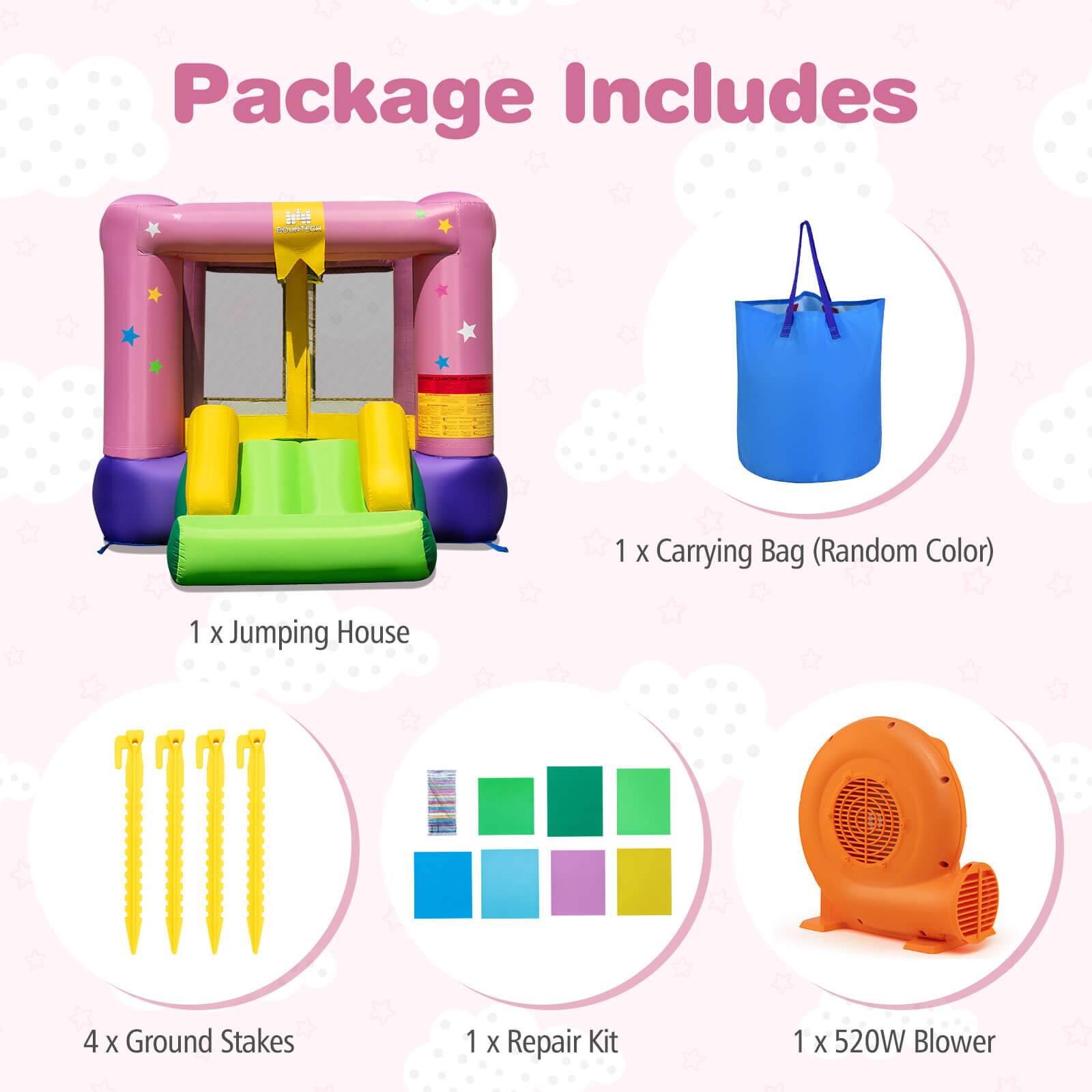 Package Includes

1 x Carrying Bag (Random Color)

1 x Jumping House

4 x Ground Stakes

1 x Repair Kit

1 x 520W Blower