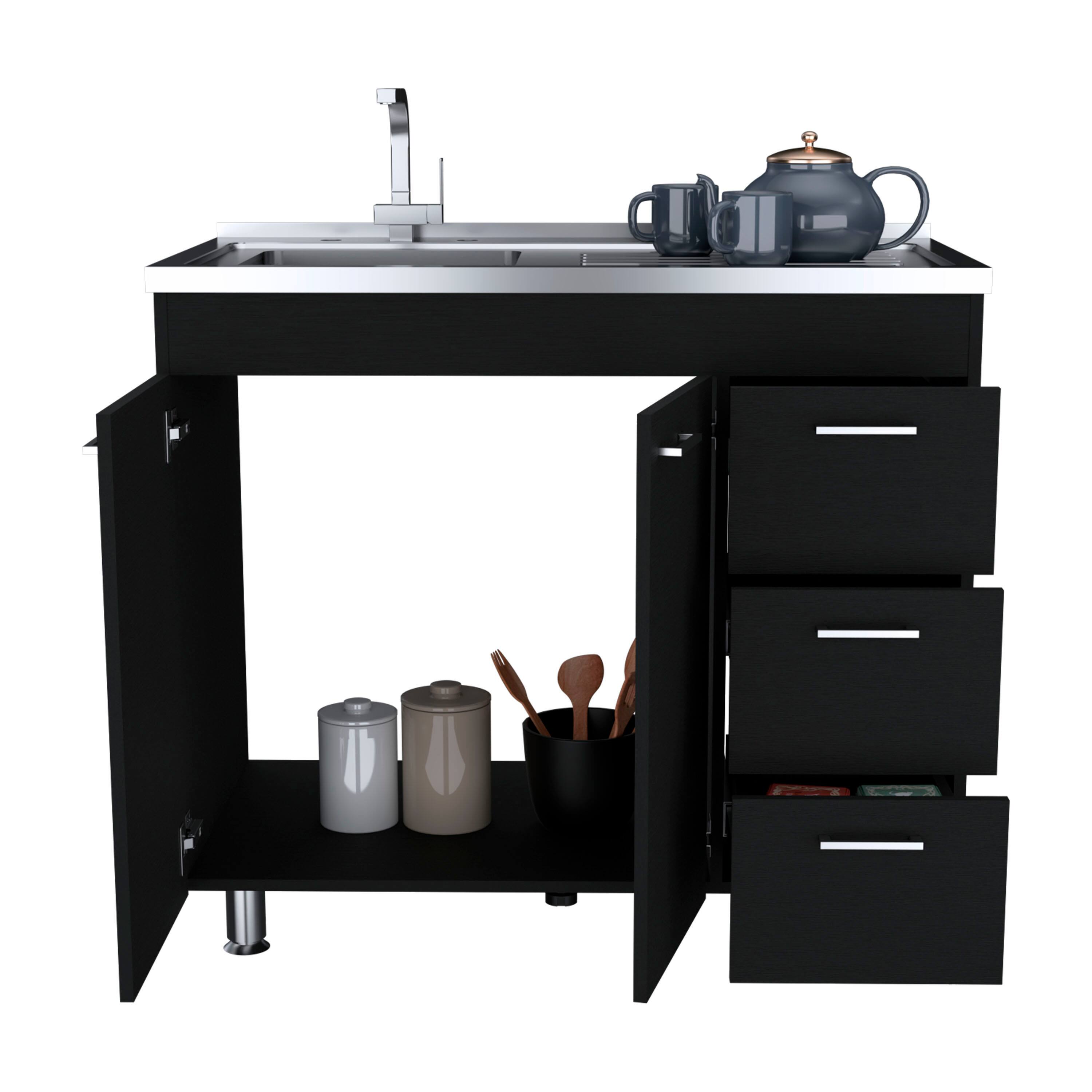 Angle. TuHome - Ferretti Utility Sink With Three Drawers And Double Door Cabinet - Black.