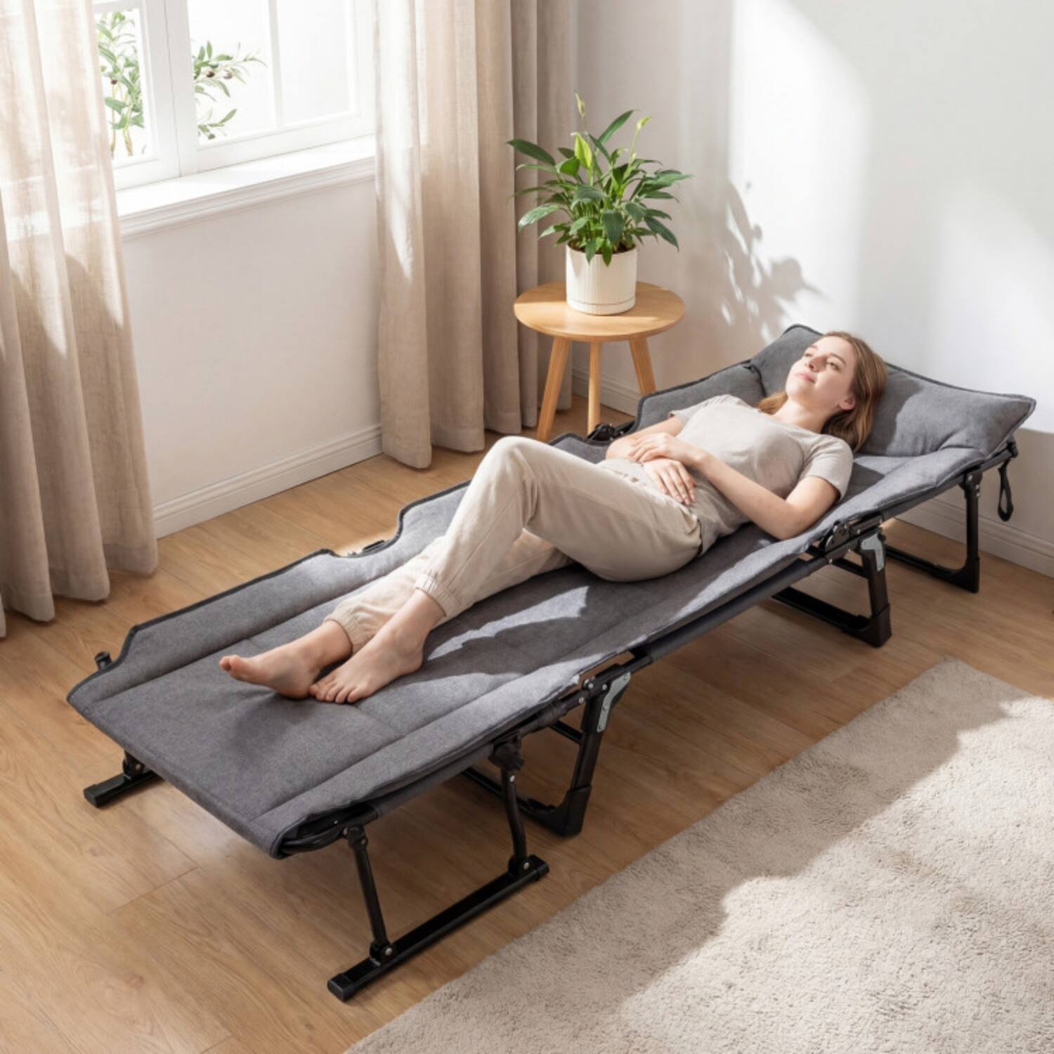 Alt View 2. Mondawe - 3 in 1 Folding Camping Cot Convertible Sofa Chair Chaise Lounge Bed 6-Position Backrest 440 lbs - Gray + Black.