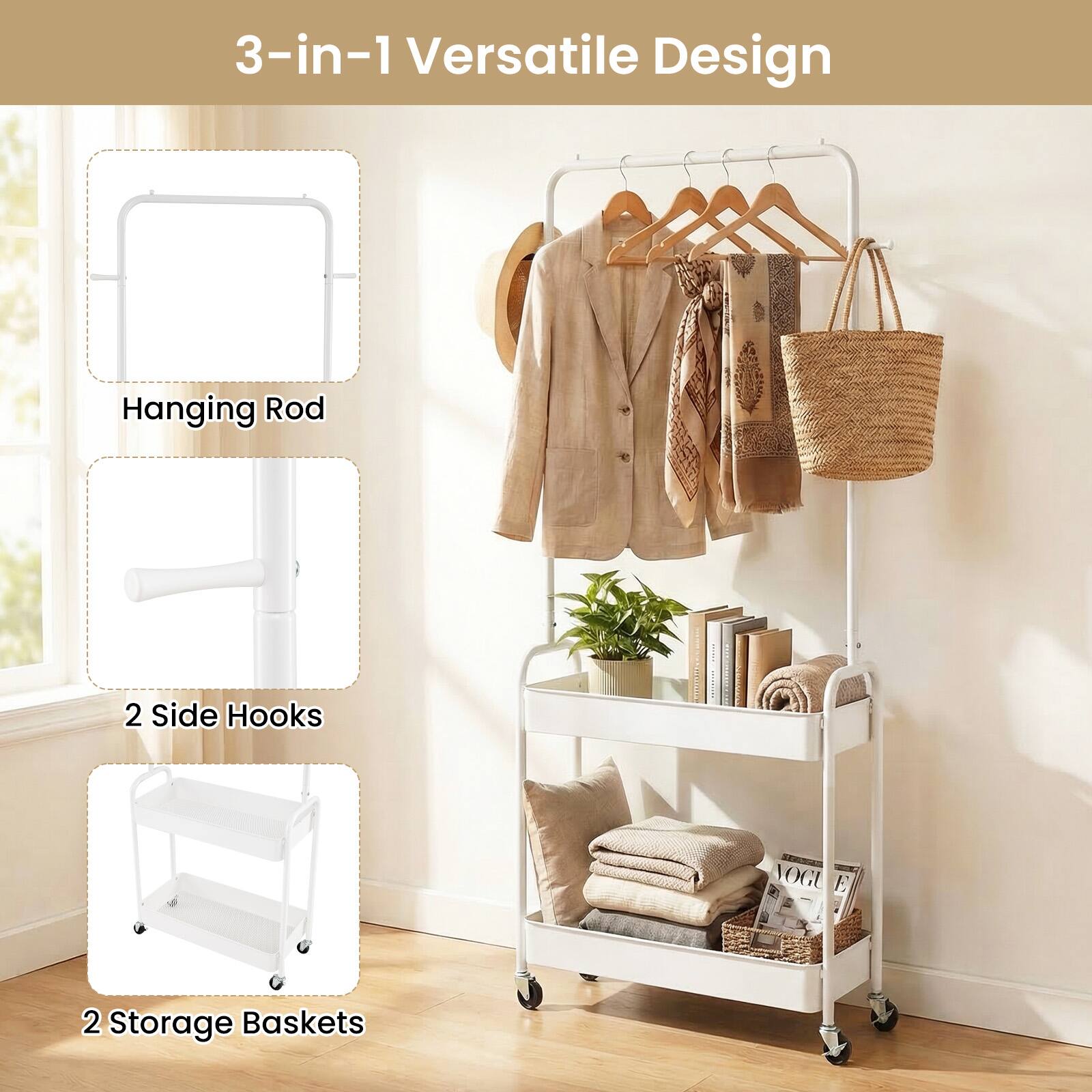 3-in-1 Versatile Design

- Hanging Rod
- 2 Side Hooks
- 2 Storage Baskets