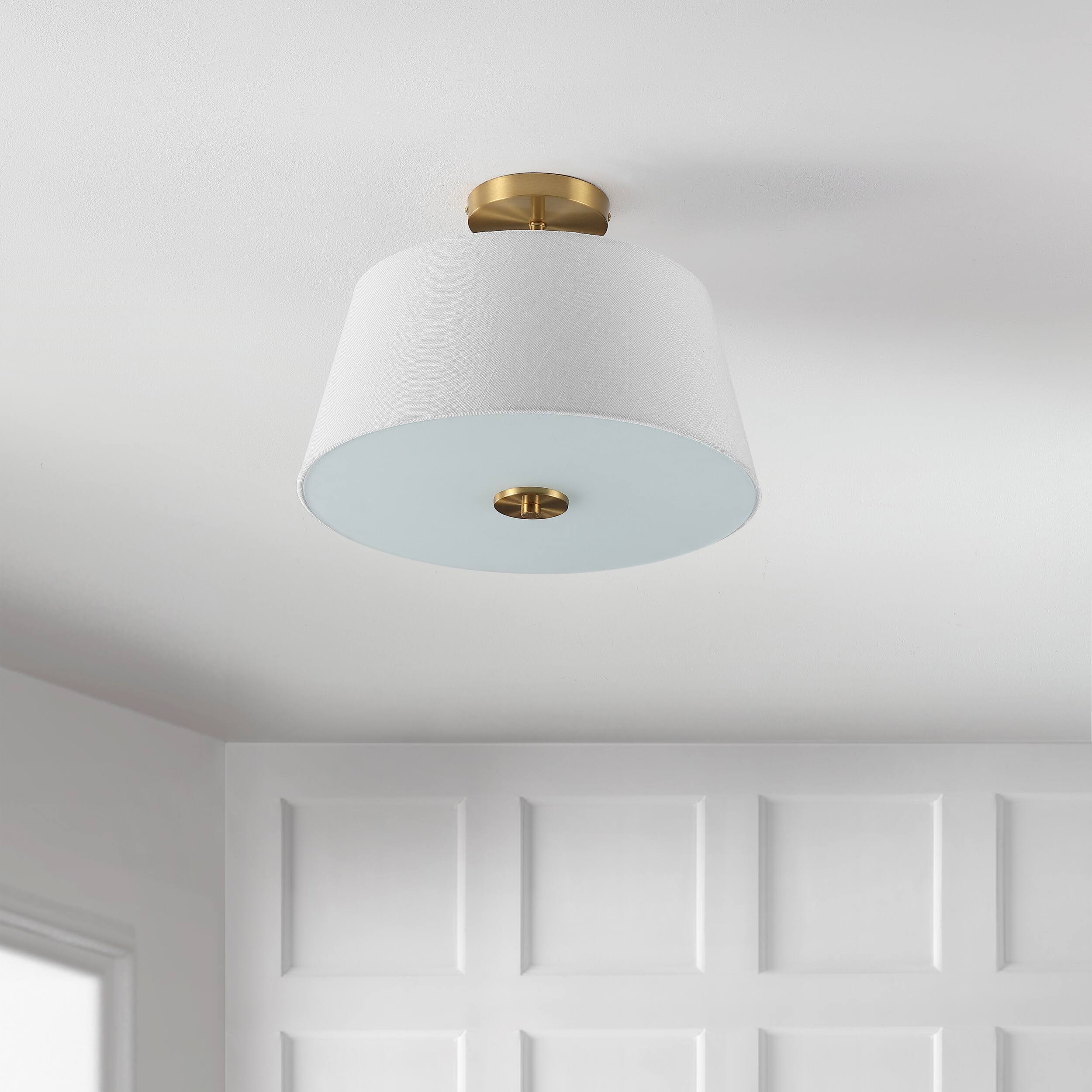 Alt View 5. Jonathan Y - Isabella 15" 3-Light Modern Contemporary Metal Tapered Drum LED Semi Flush Mount, Brass Gold - Brass Gold.