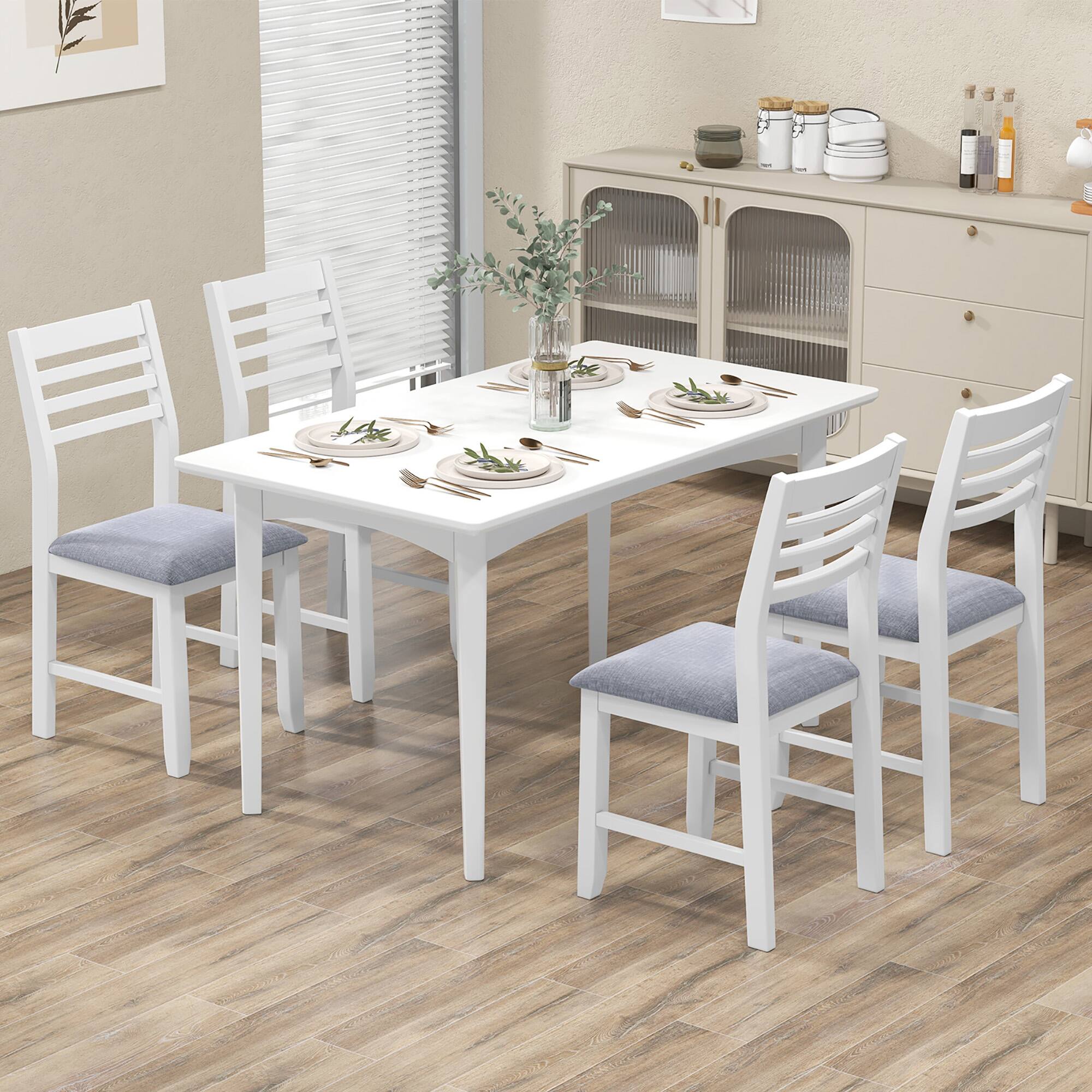 Alt View 1. Gymax - Gymax Wooden Dining Chair Set of 4 Kitchen Side Chairs w/ Rubber Wood Frame Ladder Back White - White, Grey.