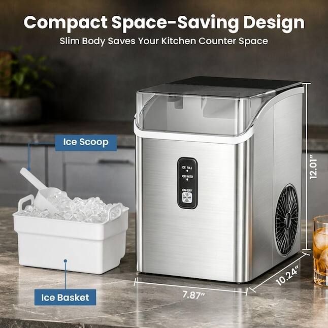 Compact Space-Saving Design  
Slim Body Saves Your Kitchen Counter Space

Ice Scoop

Ice Basket

12.01"  
7.87"  
10.24"