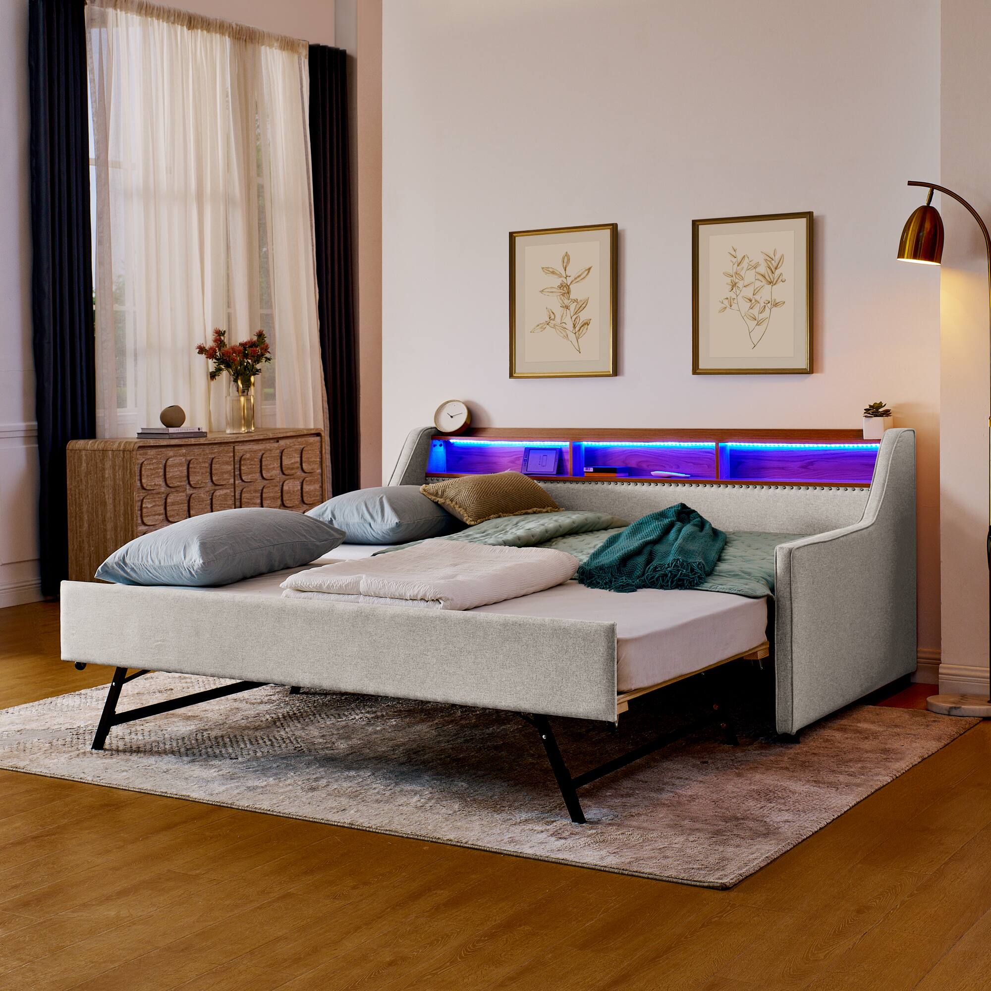 Left. Anysun - Twin Upholstered Sofa Bed with LED Lights&Storage-Adjustable Headboard, Pull-Up Trundle & Wireless Charging, Linen Frame - Beige.