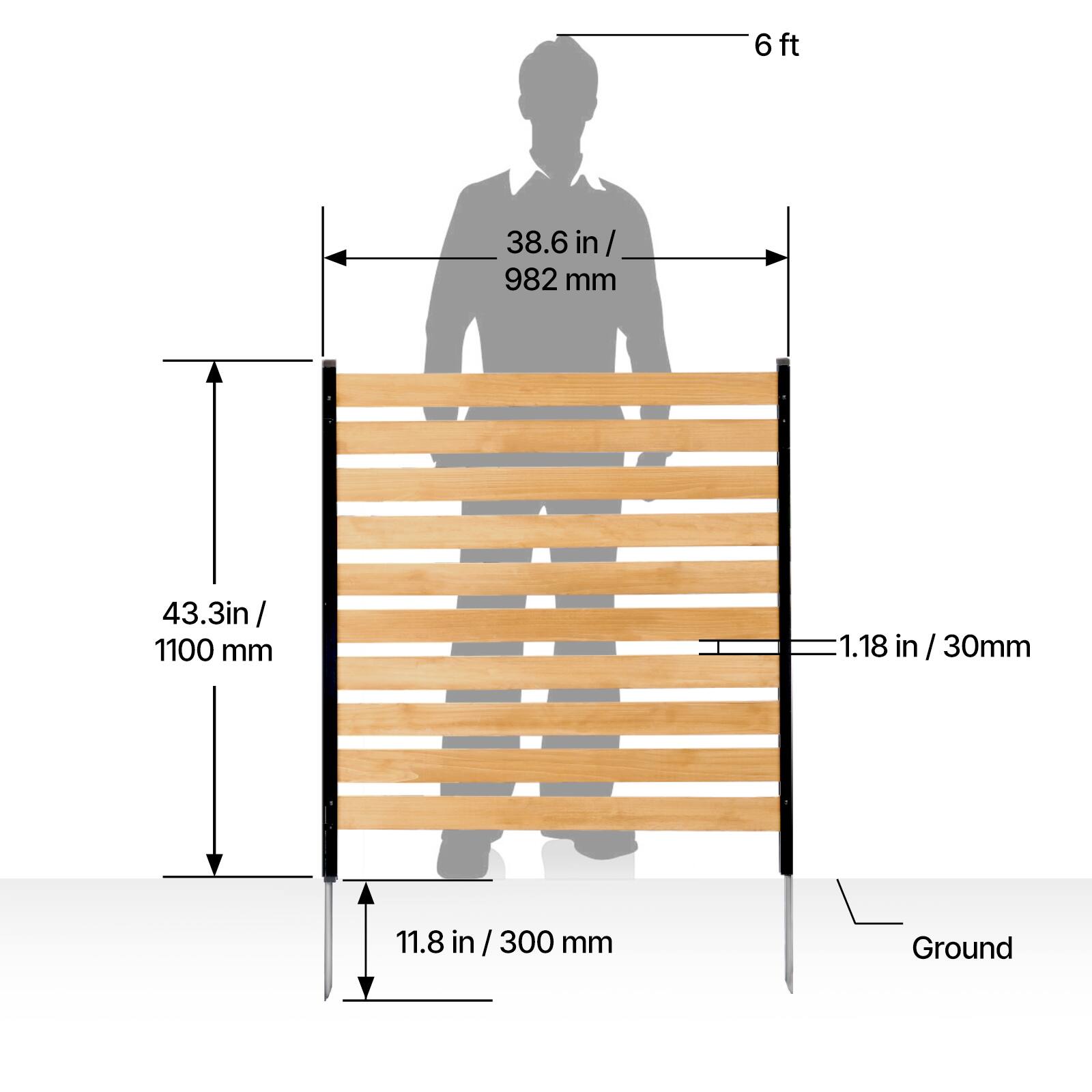 6 ft  
38.6 in / 982 mm  
43.3 in / 1100 mm  
1.18 in / 30 mm  
11.8 in / 300 mm  
Ground