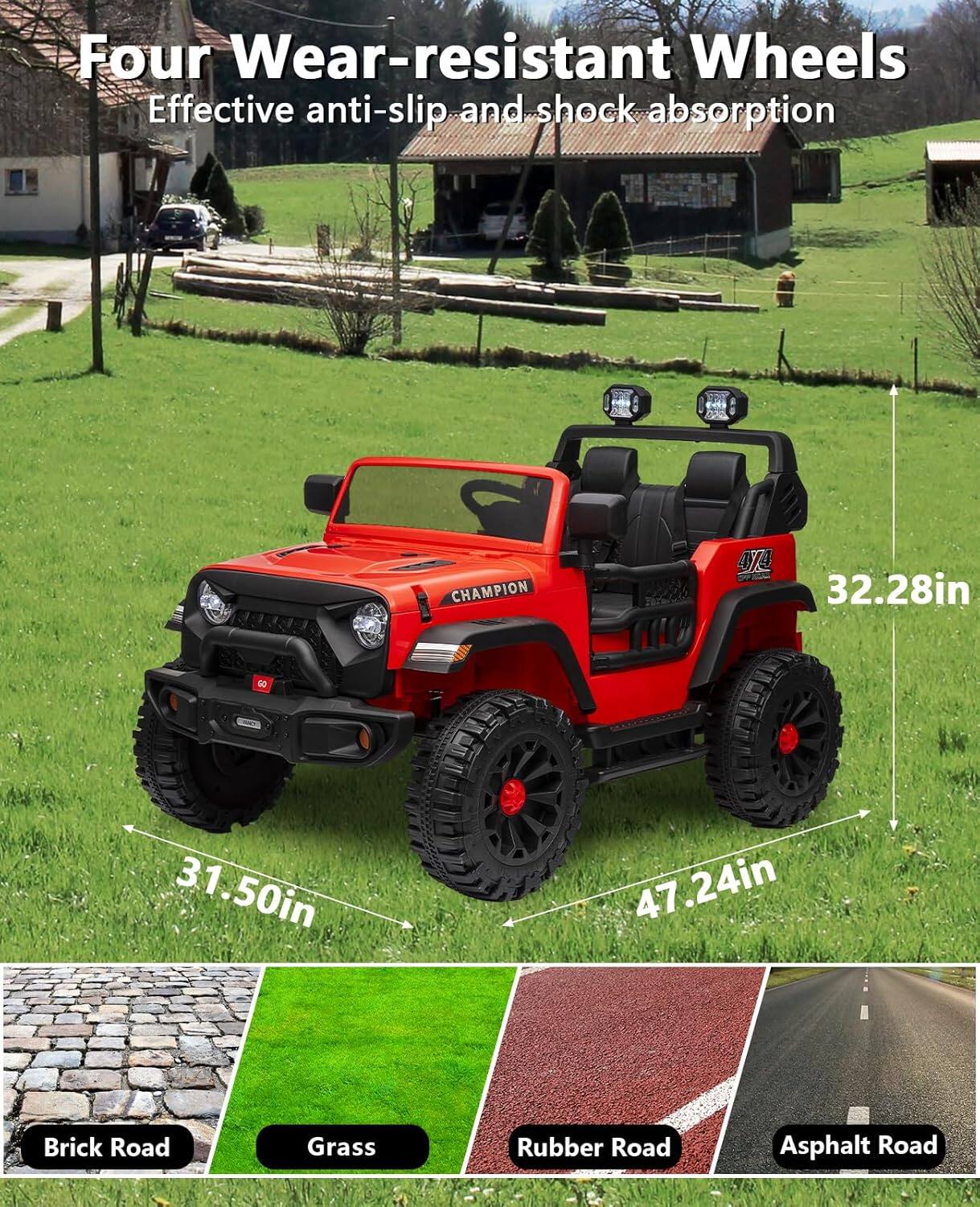 Four Wear-resistant Wheels  
Effective anti-slip and shock absorption  

31.50in  
32.28in  
47.24in  

Brick Road  
Grass  
Rubber Road  
Asphalt Road