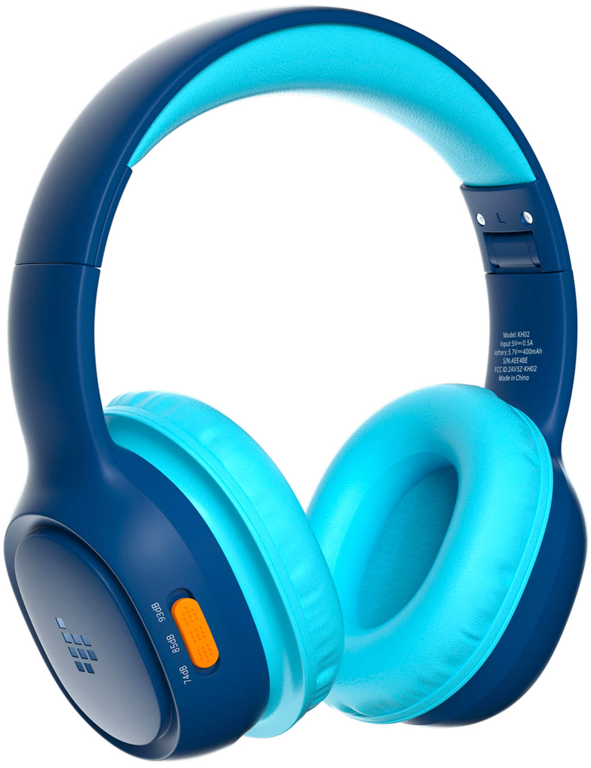 The image features a pair of blue headphones with a blue and white design. The headphones are designed to be comfortable and have a lottery feature. The headphones are powered by a 5V-0.5 SA lottery 5.7Vm400mAh battery. The headphones have a mode switch for China, and they are equipped with a 93dB speaker and a 85dB microphone. The headphones are made by the company KH02.