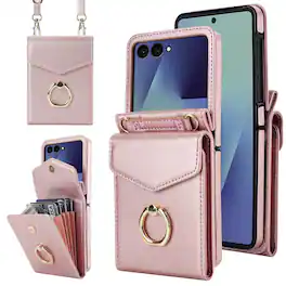 Dteck - Wallet Case for Samsung Galaxy Z Flip7, Crossbody Ring Stand Faux Leather Cover with RFID Blocking Card Holder+Strap - Rosegold